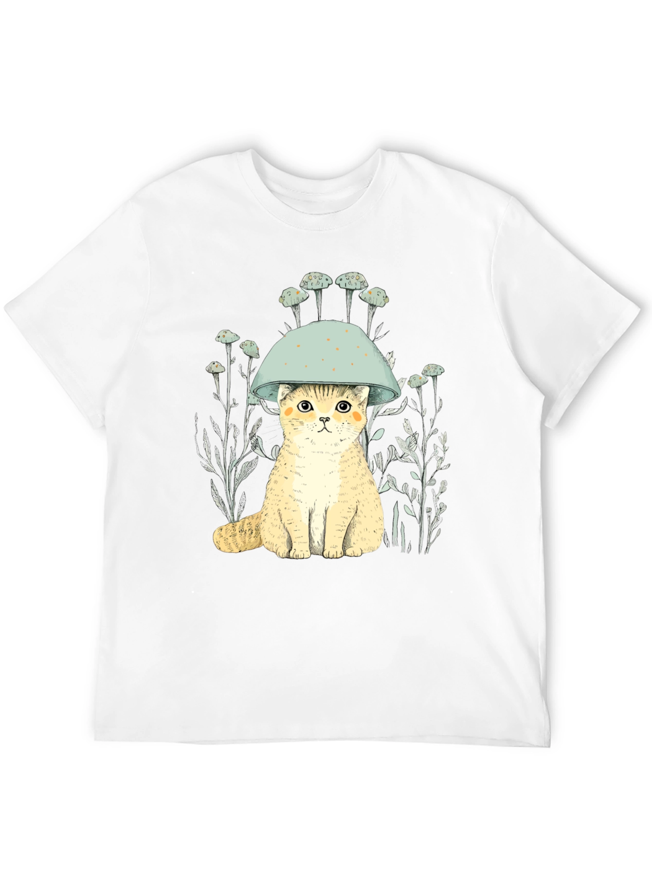 Cat in Mushroom Hat Black T-Shirt