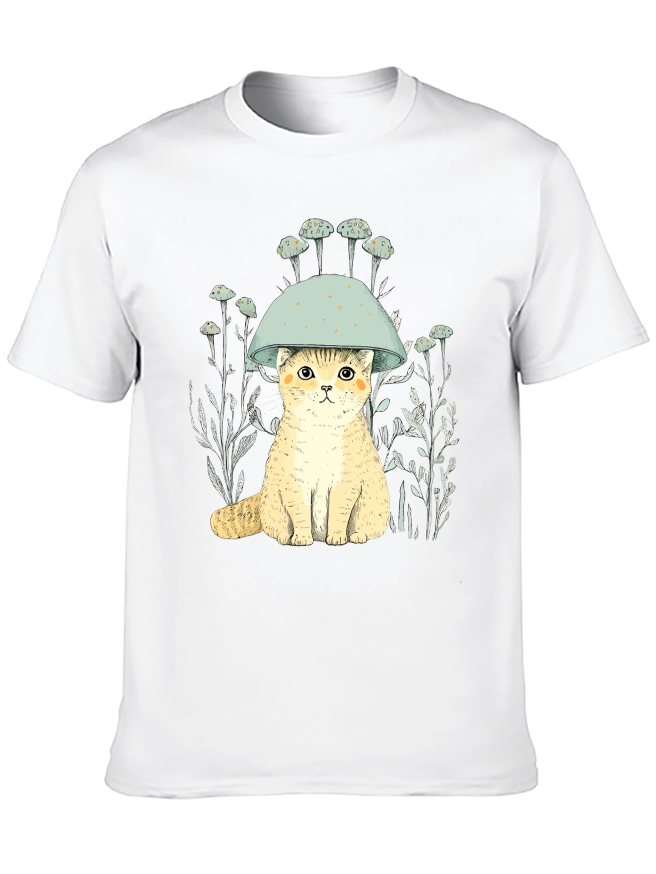 Cat in Mushroom Hat Black T-Shirt