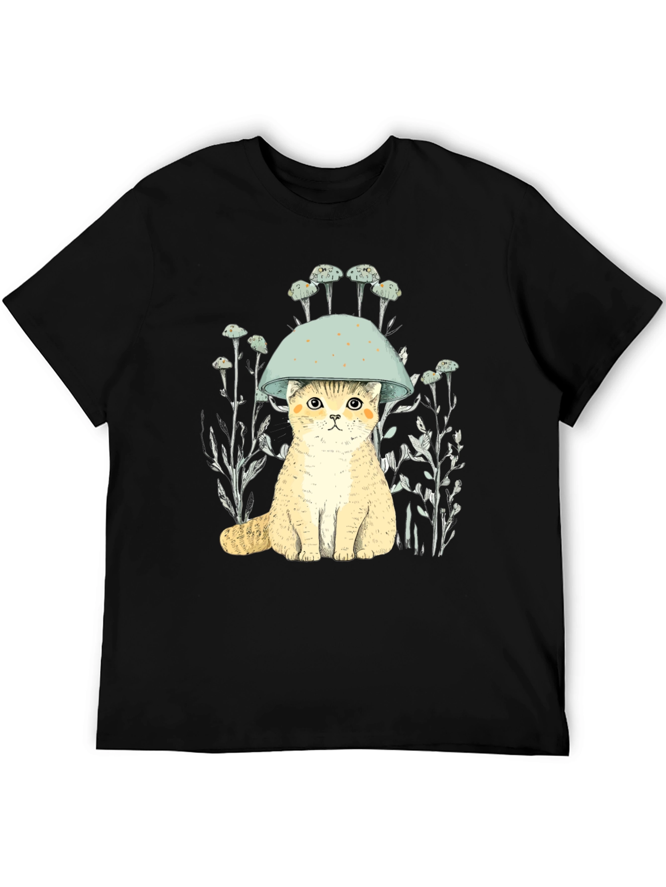 Cat in Mushroom Hat Black T-Shirt