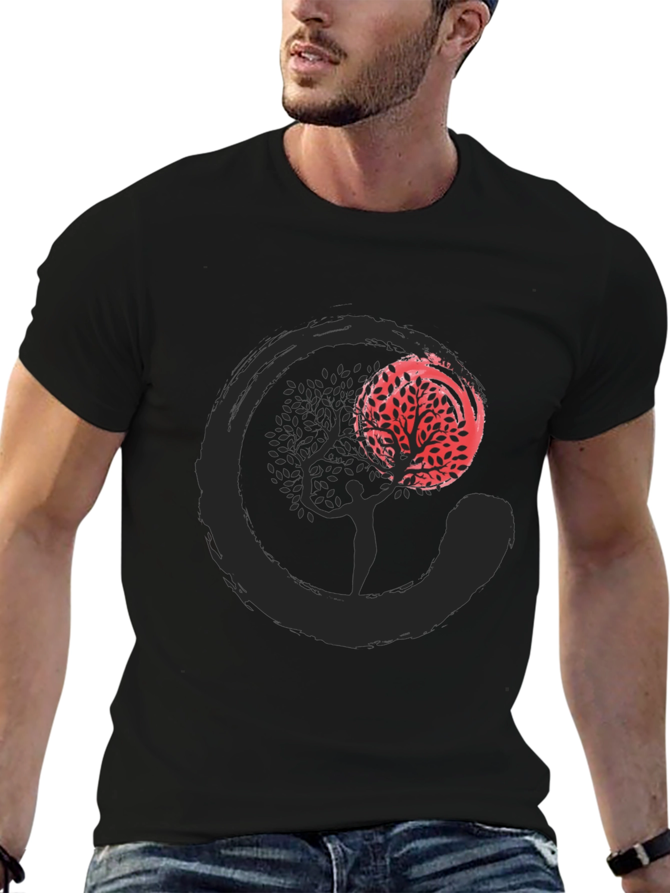 Zen Circle Tree Graphic T-Shirt - Black