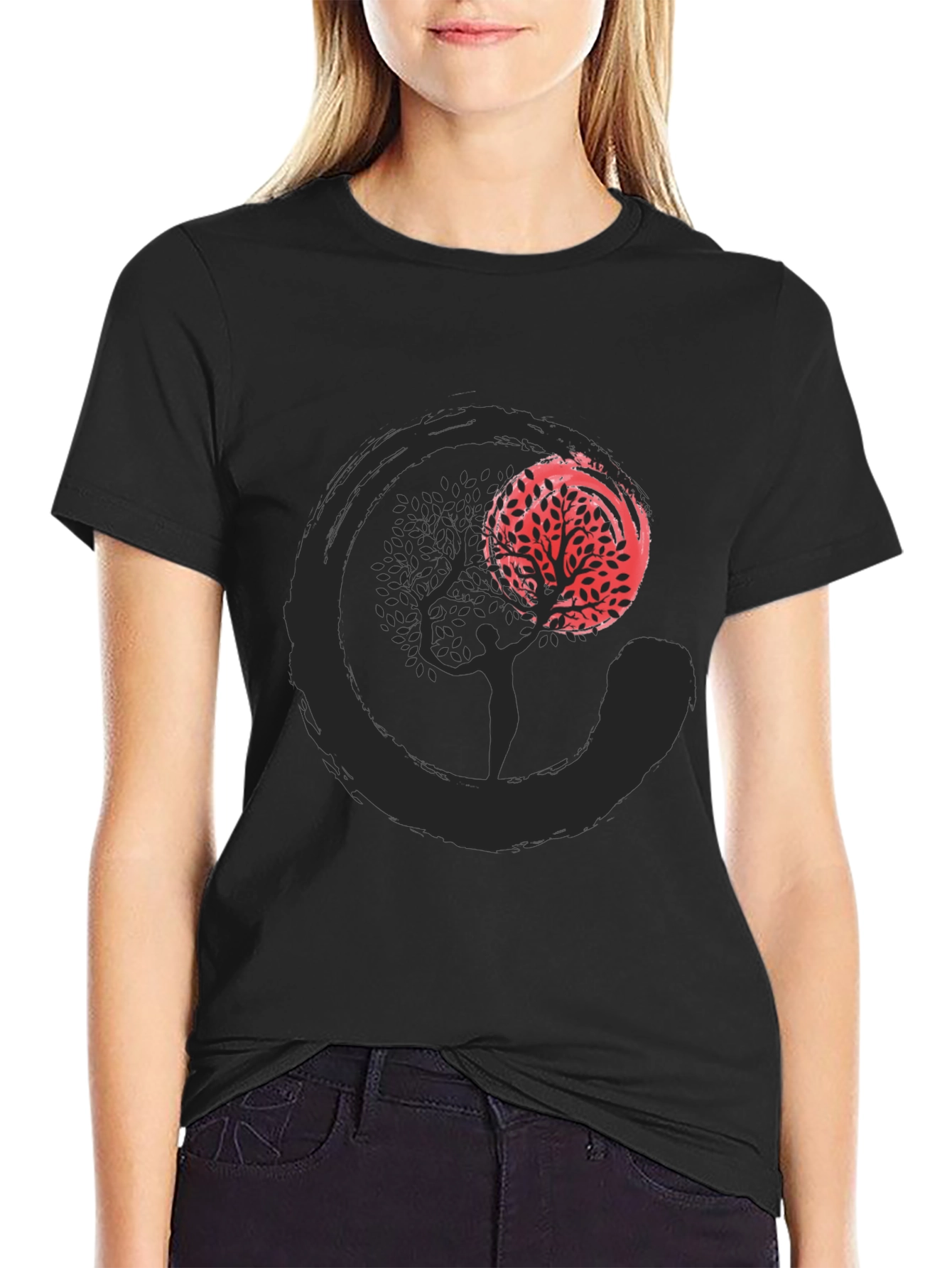 Zen Circle Tree Graphic T-Shirt - Black