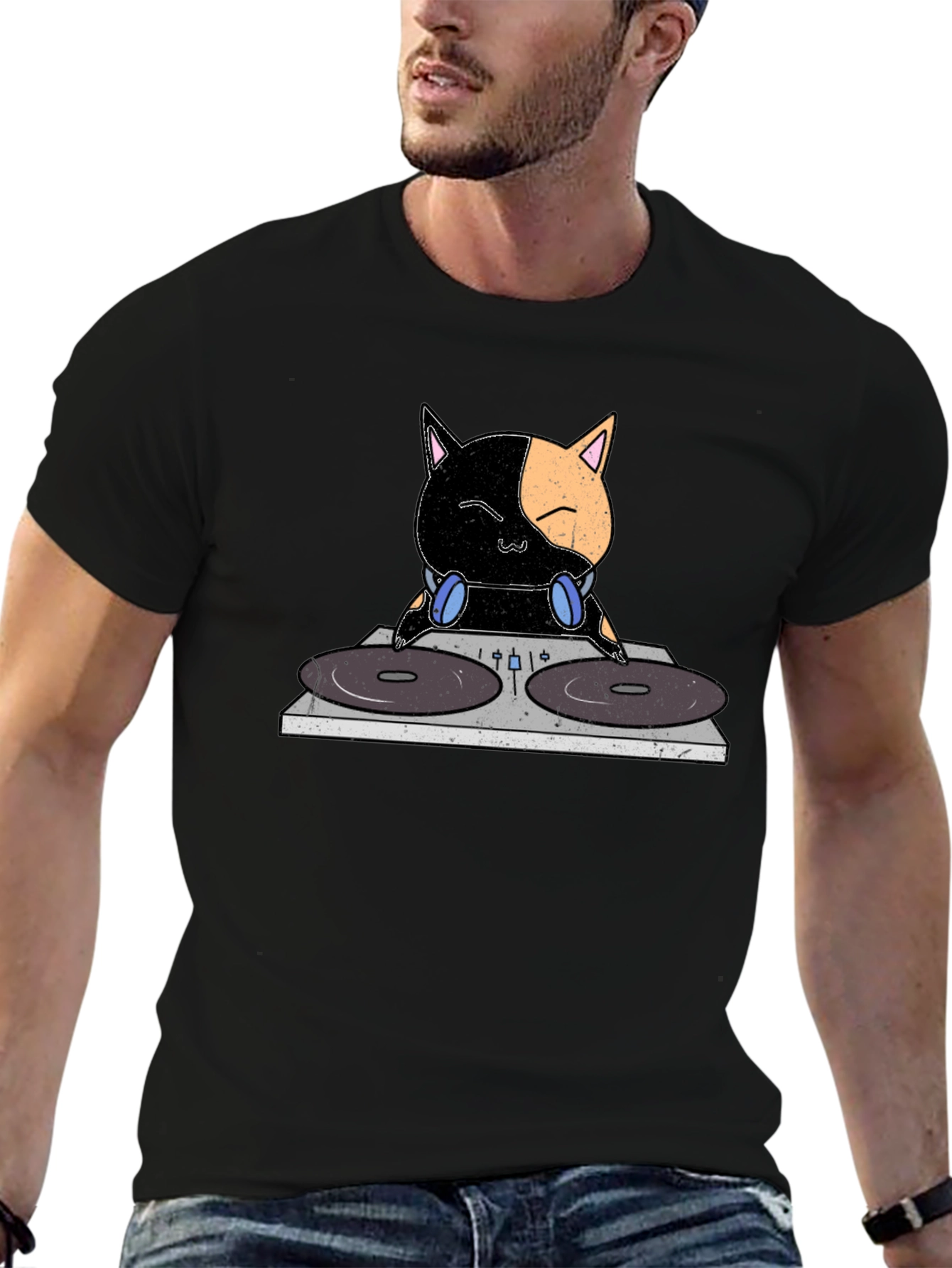 DJ Cat T-Shirt - Black Cotton Crew Neck Tee