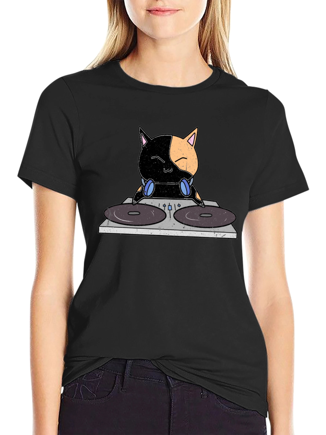 DJ Cat T-Shirt - Black Cotton Crew Neck Tee