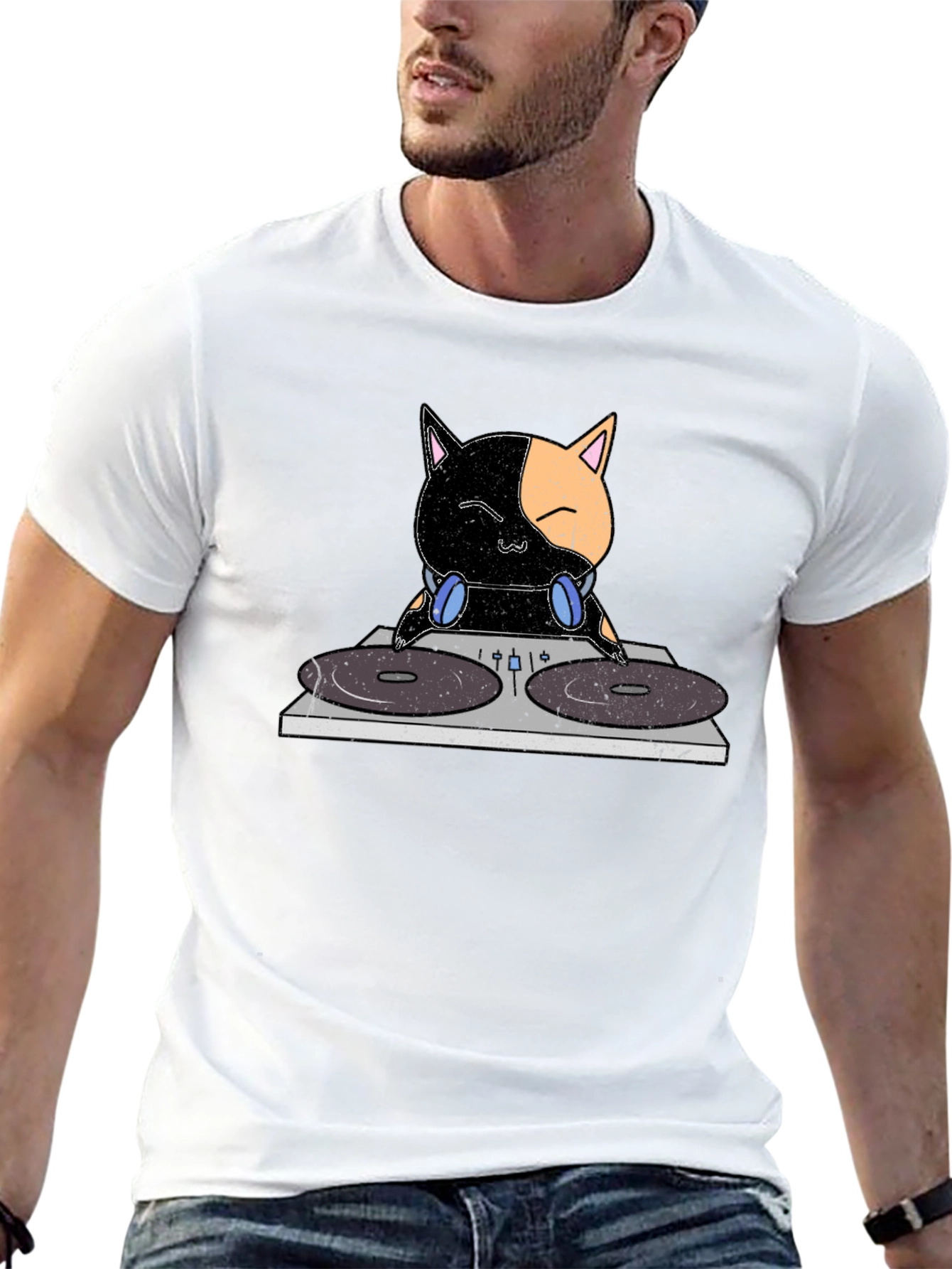 DJ Cat T-Shirt - Black Cotton Crew Neck Tee