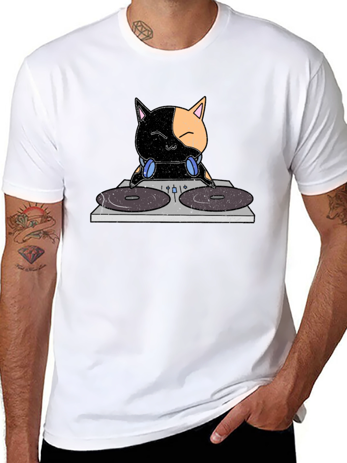 DJ Cat T-Shirt - Black Cotton Crew Neck Tee