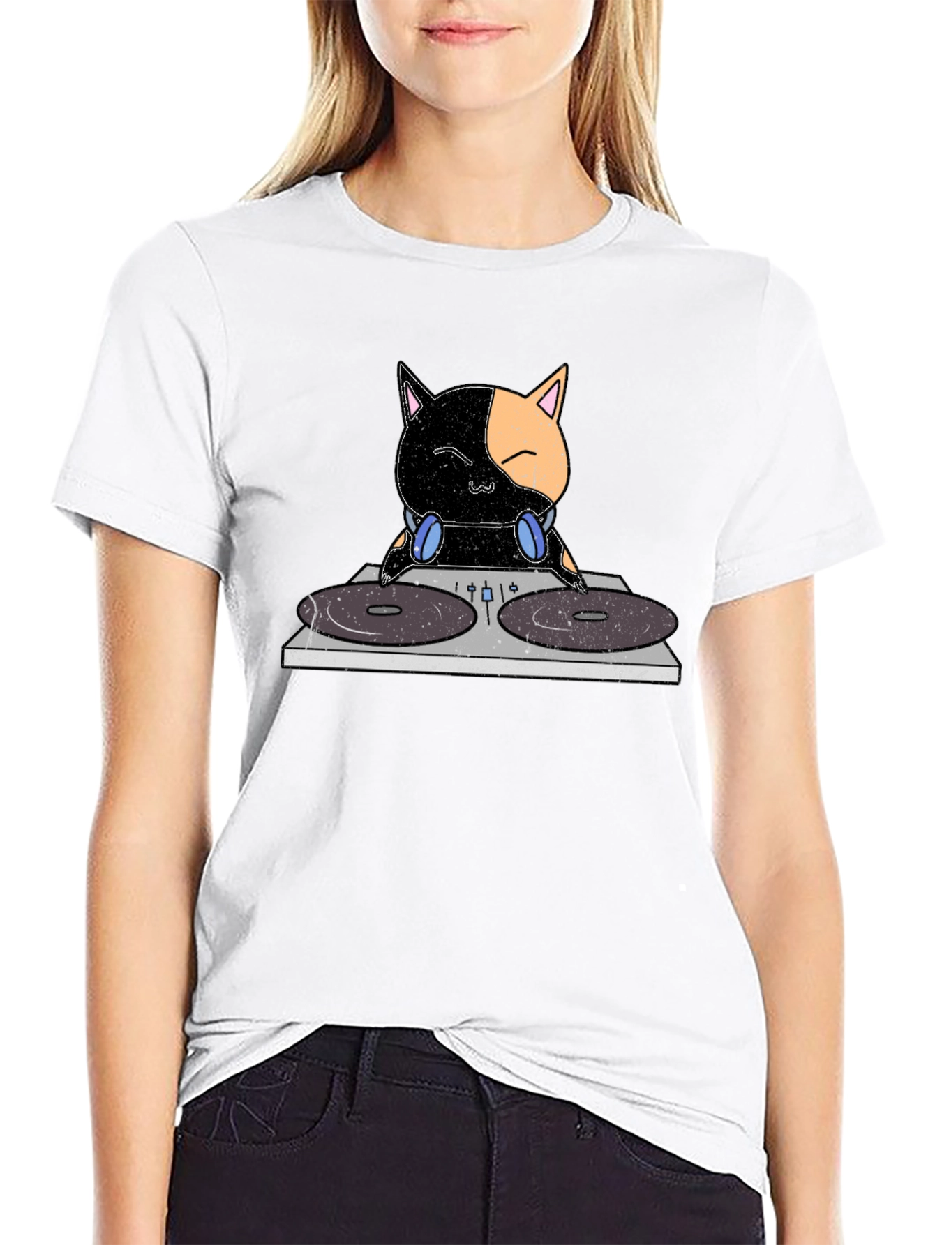 DJ Cat T-Shirt - Black Cotton Crew Neck Tee