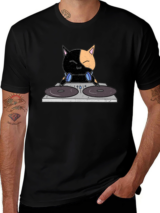 DJ Cat T-Shirt - Black Cotton Crew Neck Tee