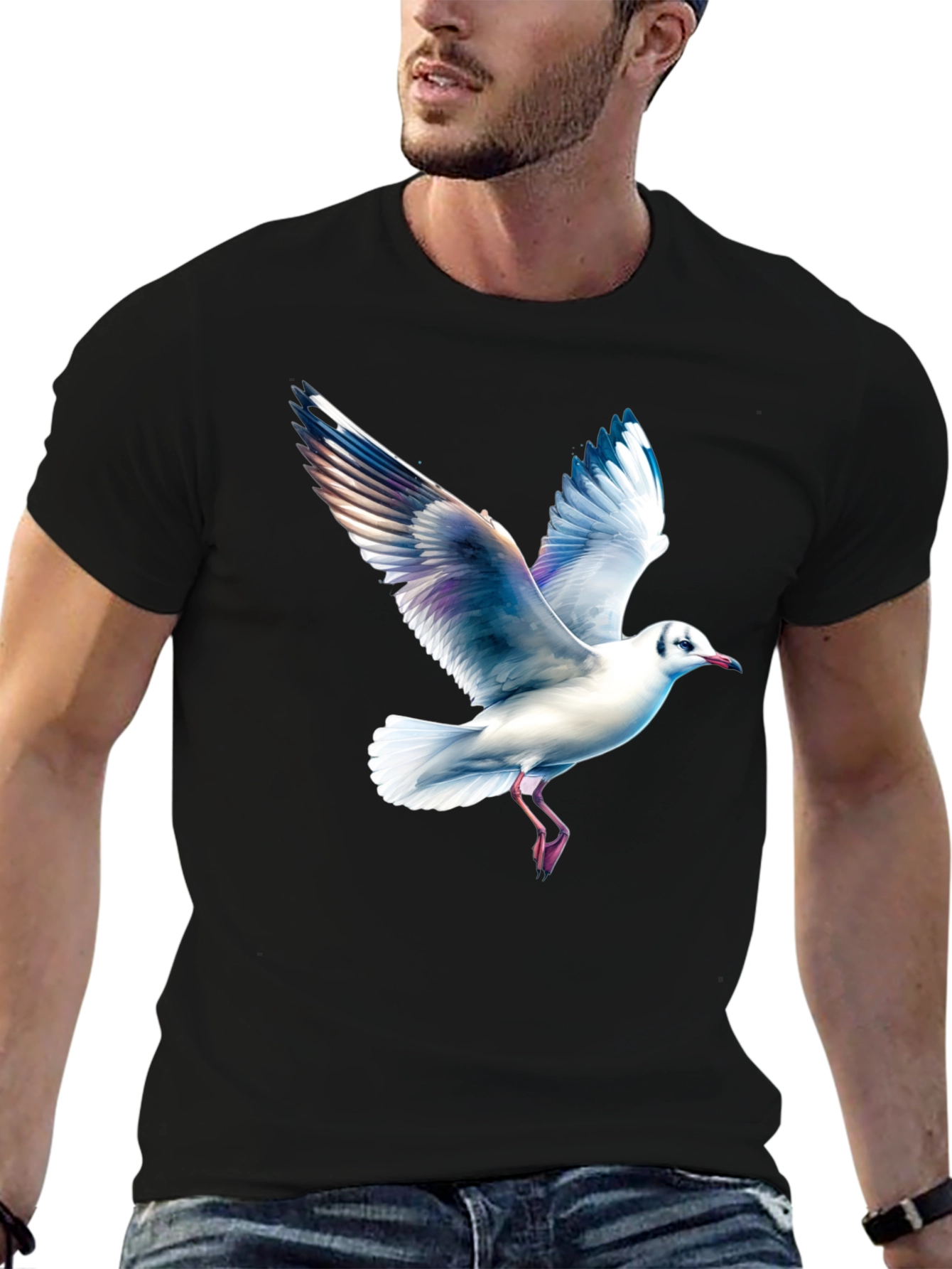 Black T-Shirt with Seagull Print