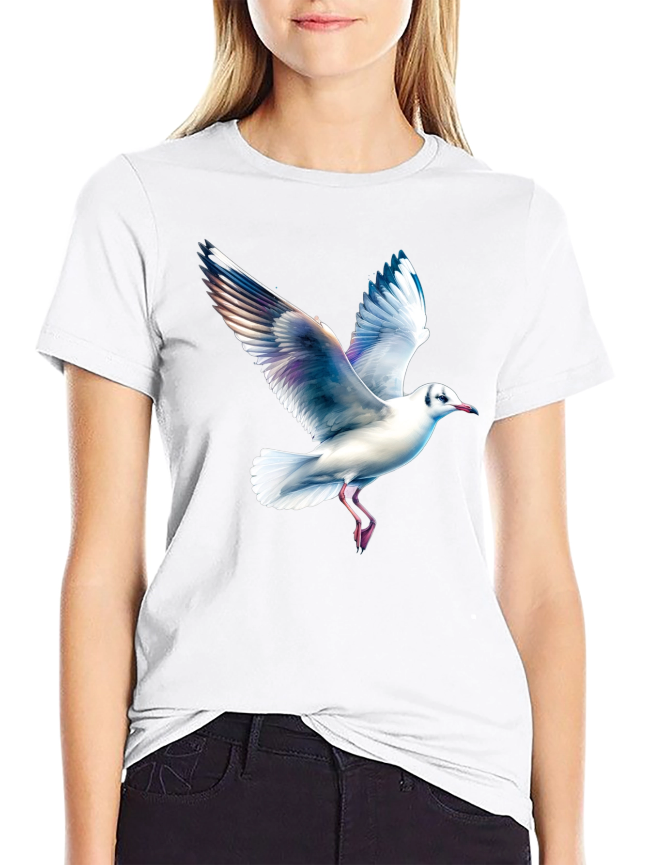 Black T-Shirt with Seagull Print