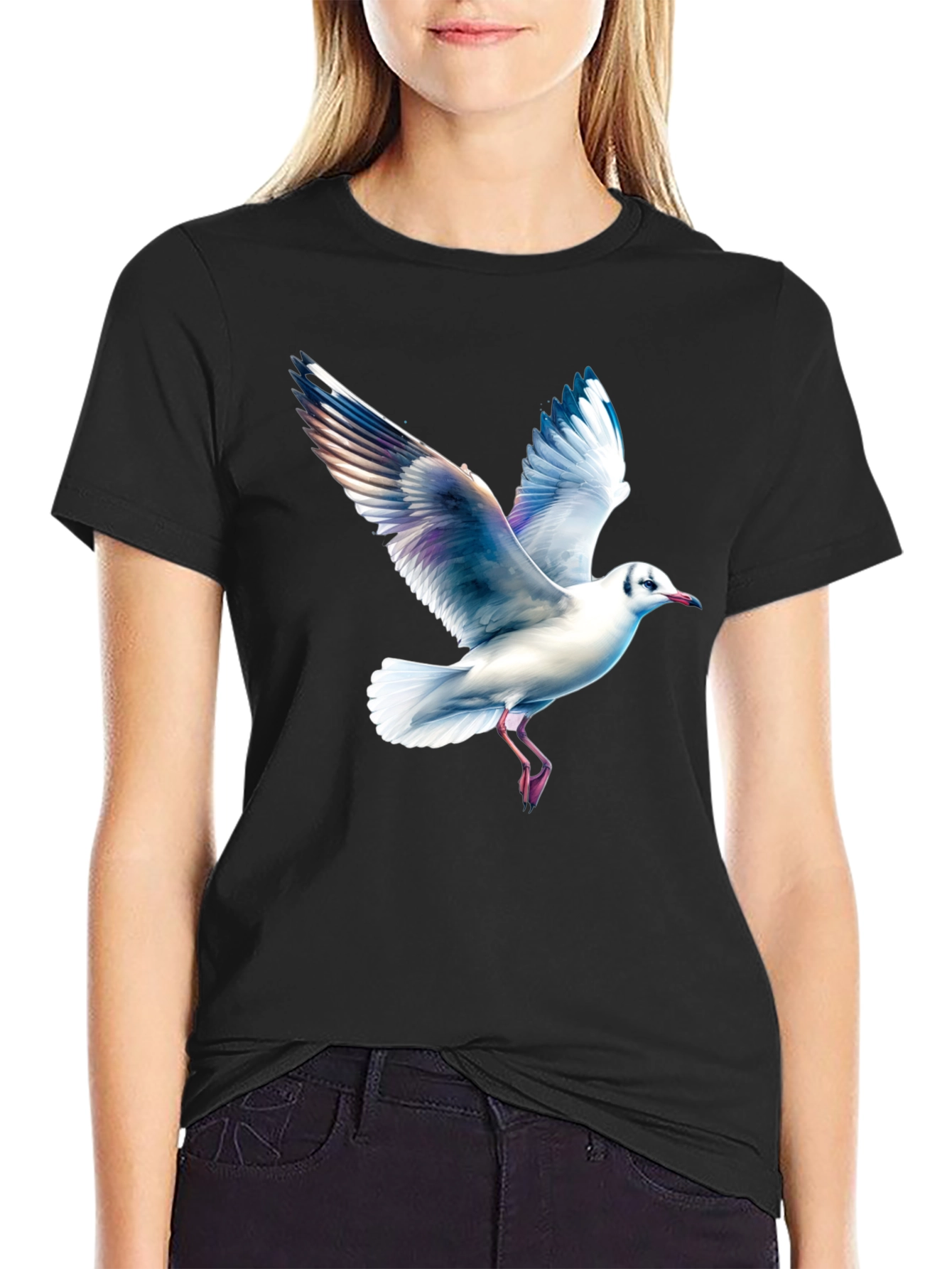 Black T-Shirt with Seagull Print