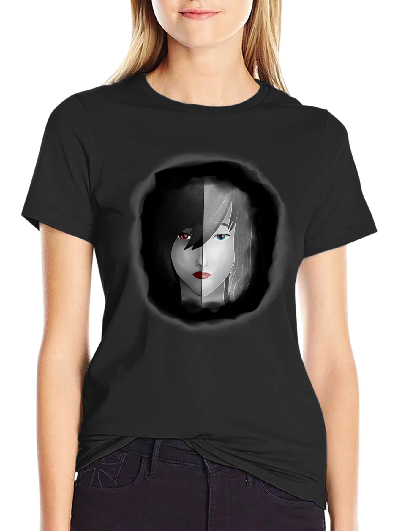 Yin Yang Anime Girl Graphic Black Tee