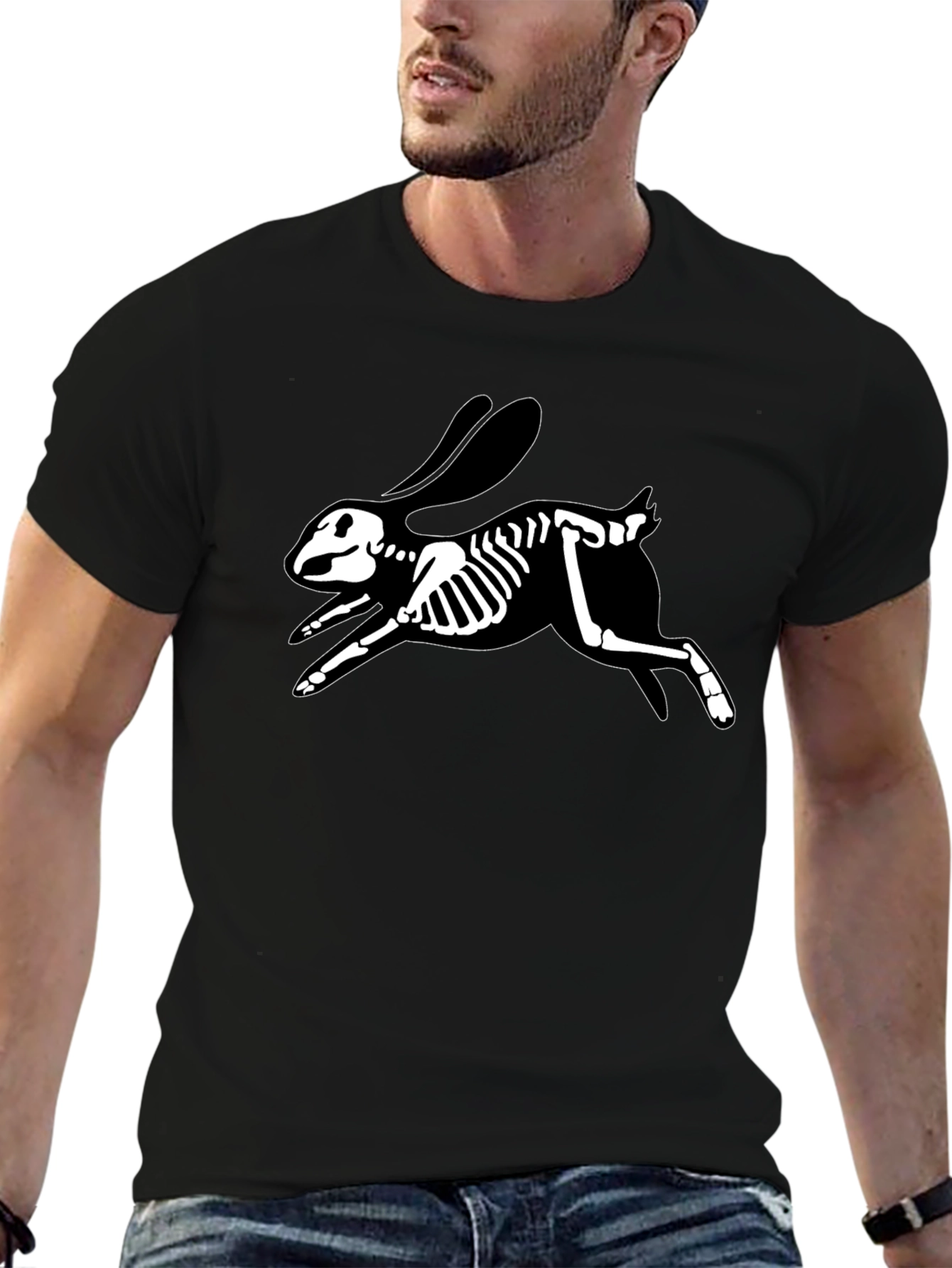 Skeleton Rabbit Graphic Tee - Black Cotton T-Shirt
