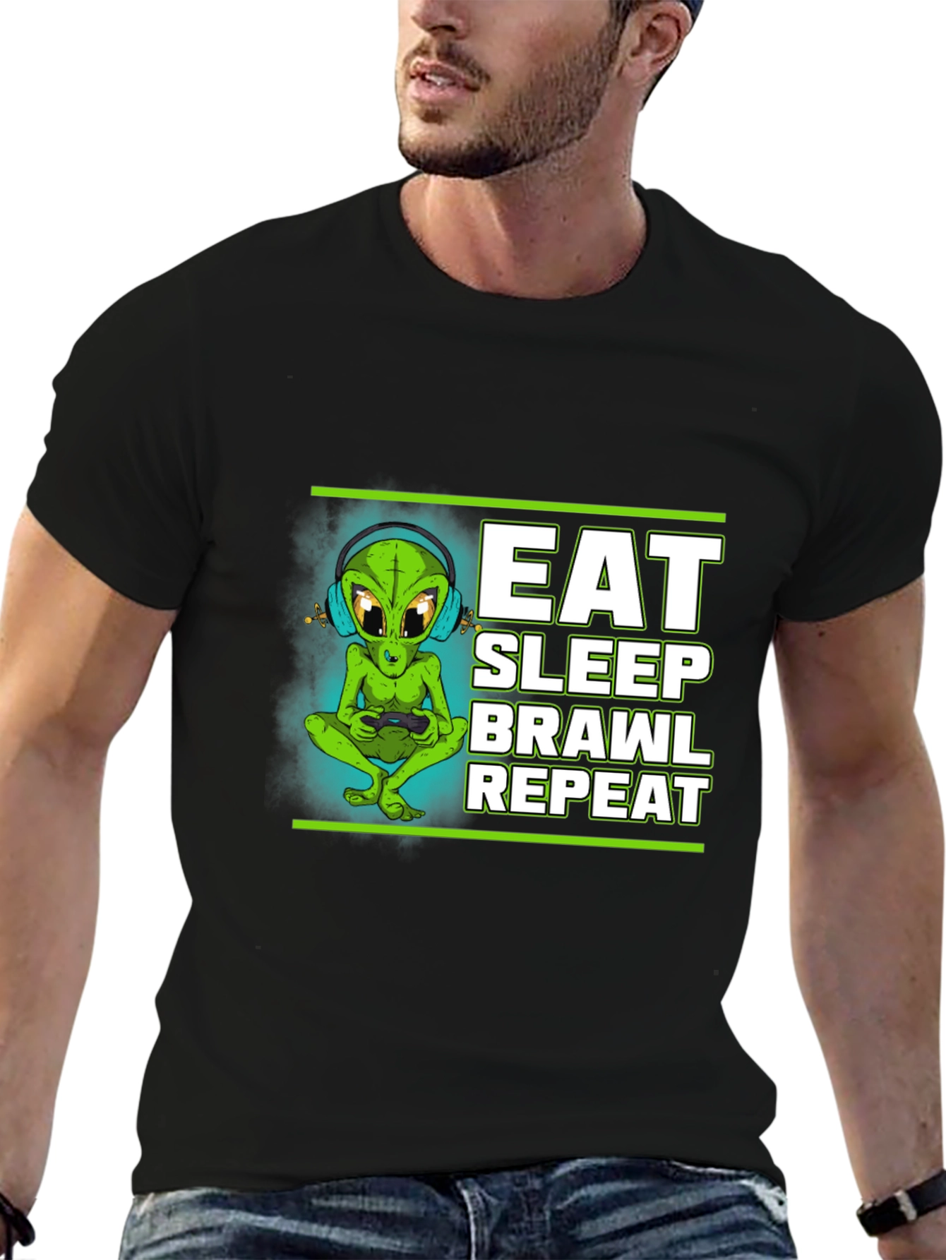 Eat Sleep Brawl Repeat Alien Gamer T-Shirt