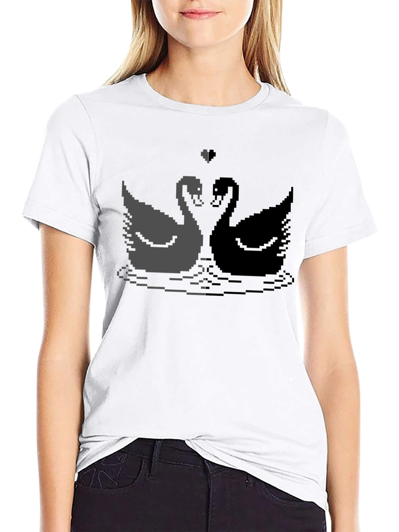 Pixel Swan Love T-Shirt - Black