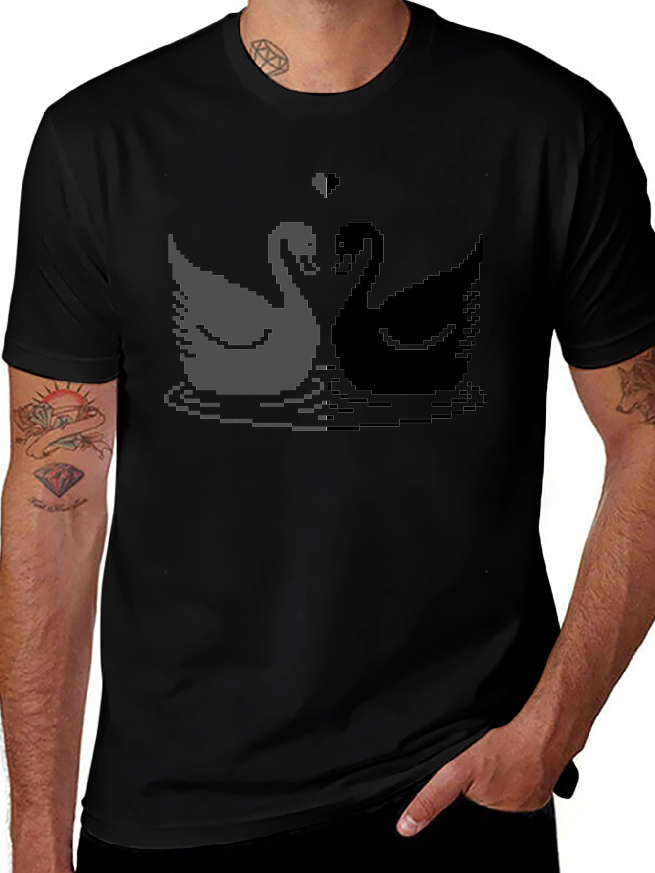 Pixel Swan Love T-Shirt - Black