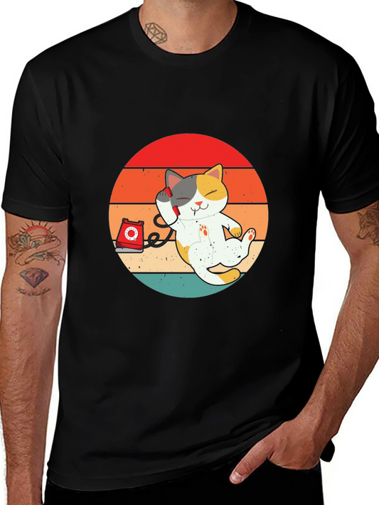 Cute Cat on Phone Graphic Tee - Unisex Black T-Shirt