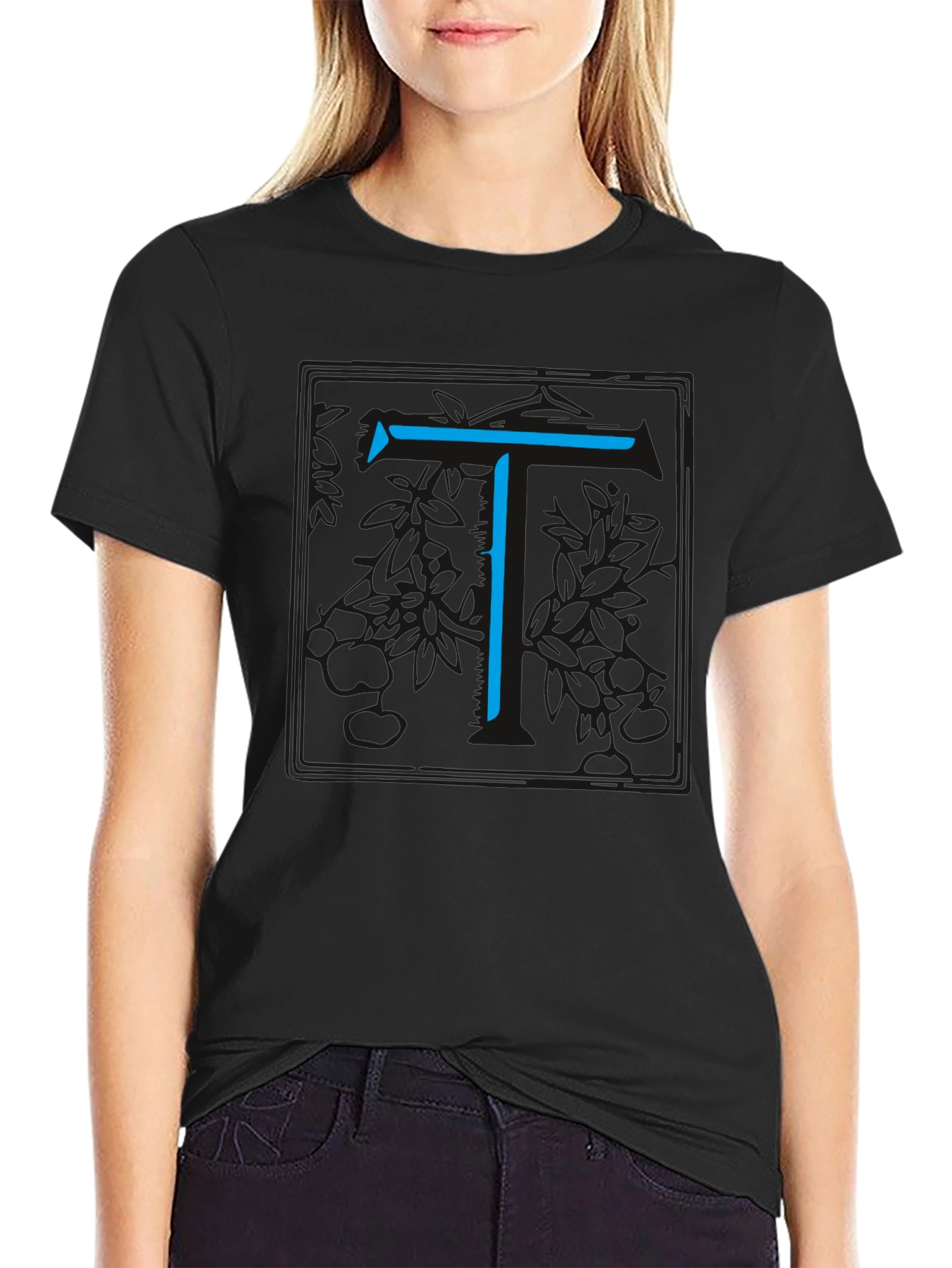 Modern Blue Initial T Graphic Black T-Shirt
