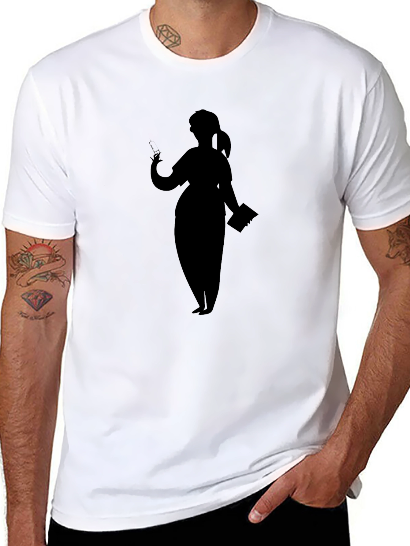 Silhouette Nurse Graphic T-Shirt - Black Cotton Casual Tee