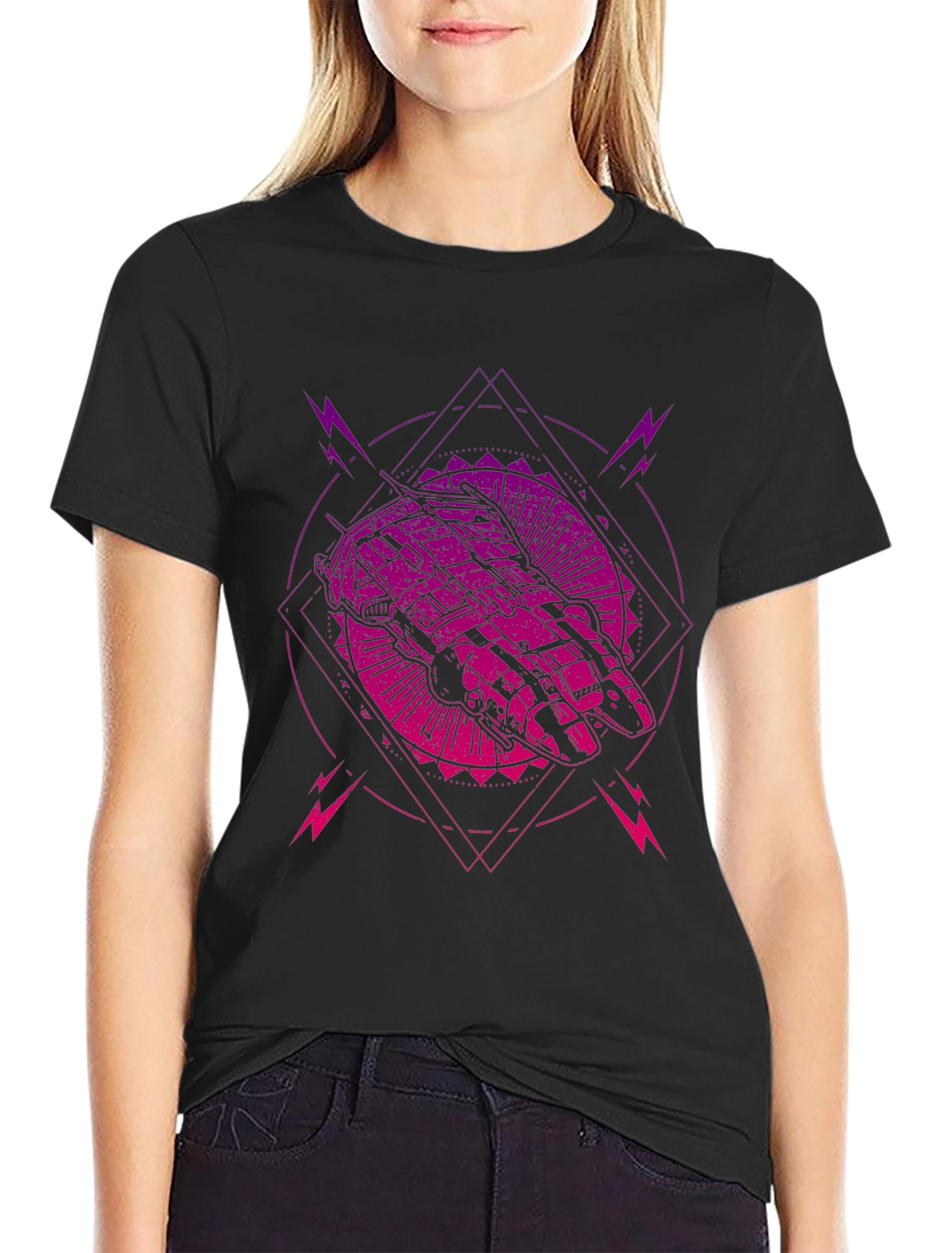 Sci-Fi Spaceship Graphic Tee - Black T-Shirt