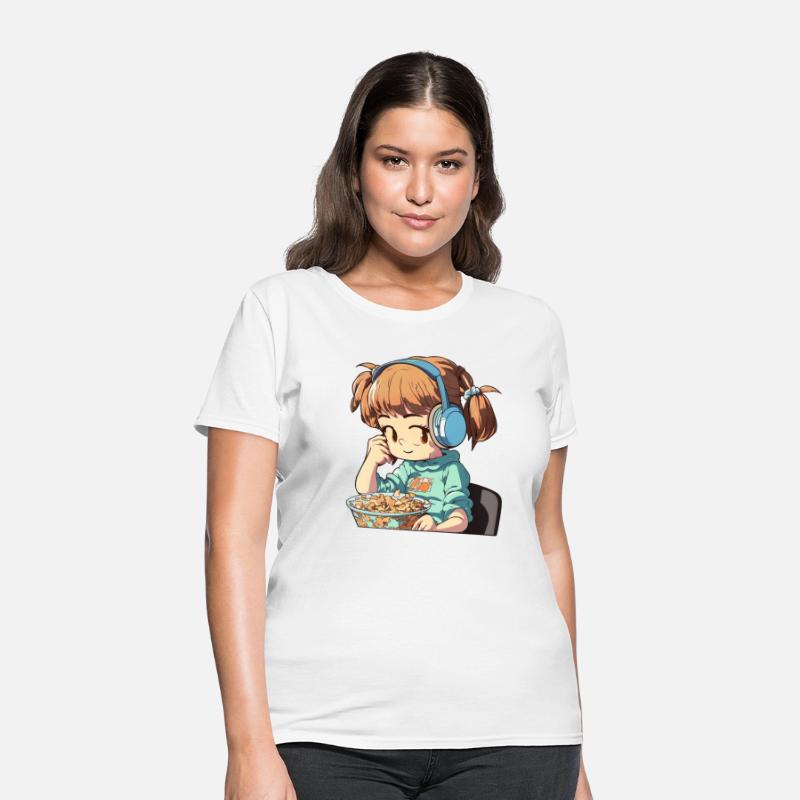 Girl eating cereal Müsli with headphones music