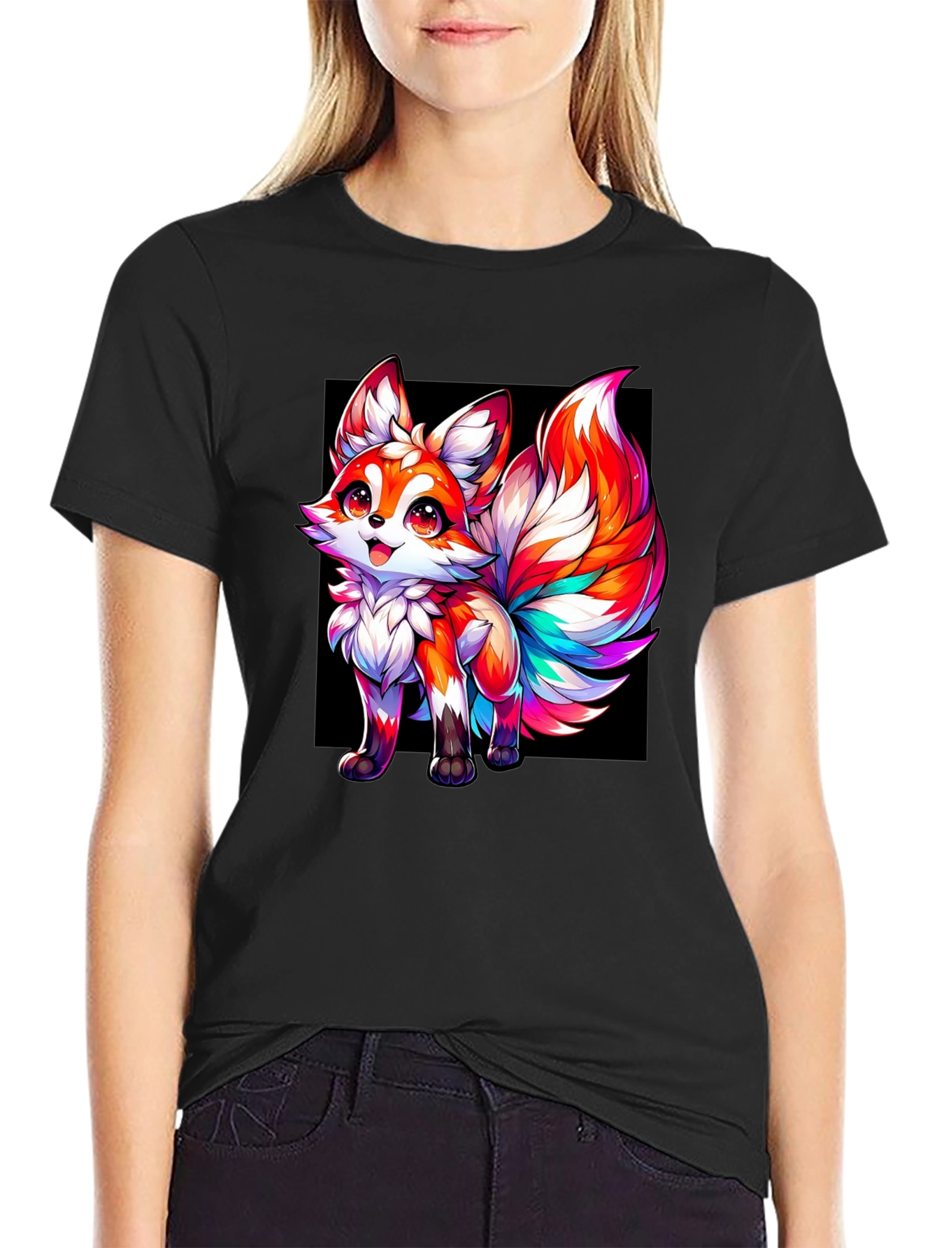 Rainbow Fox Graphic Black Tee
