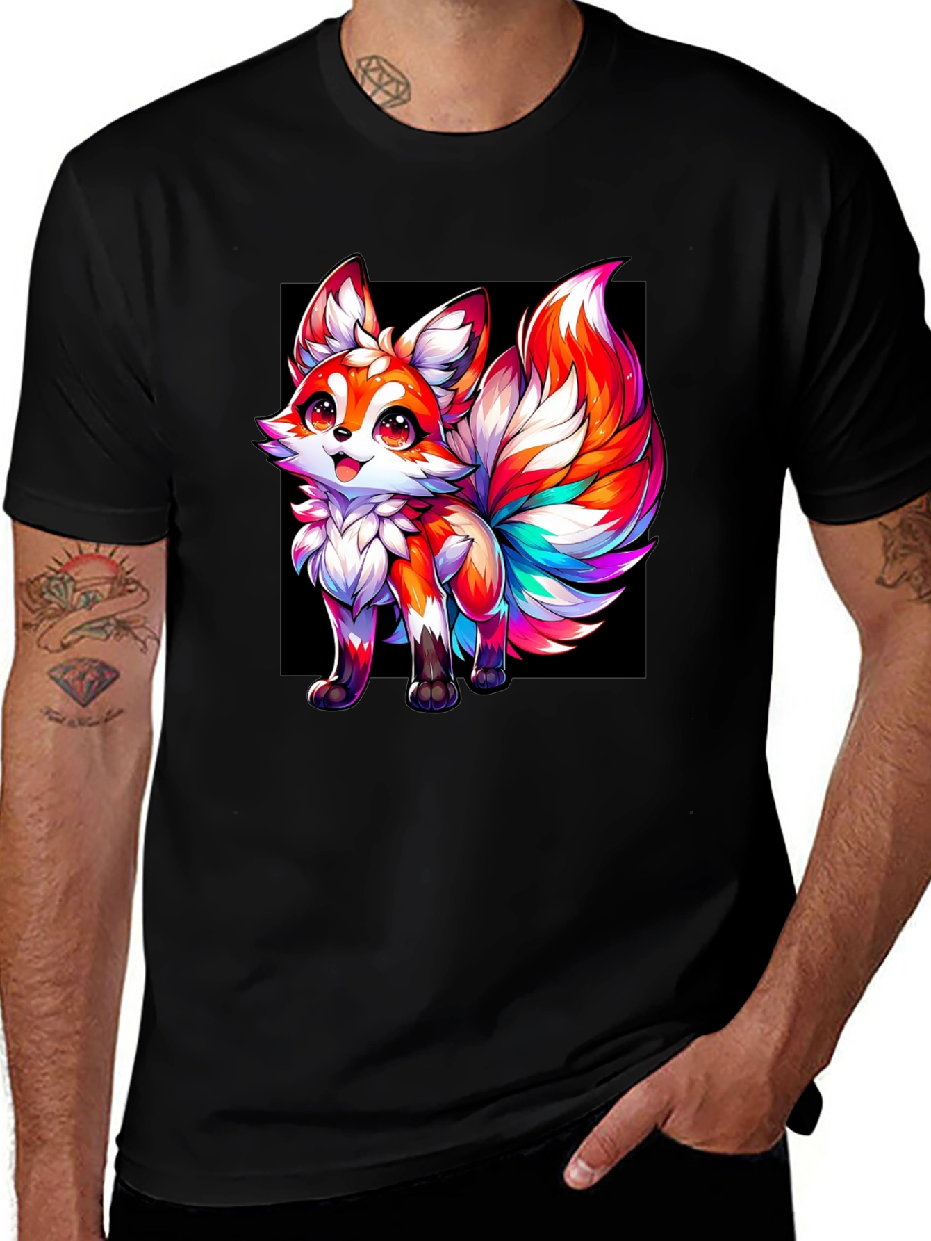 Rainbow Fox Graphic Black Tee