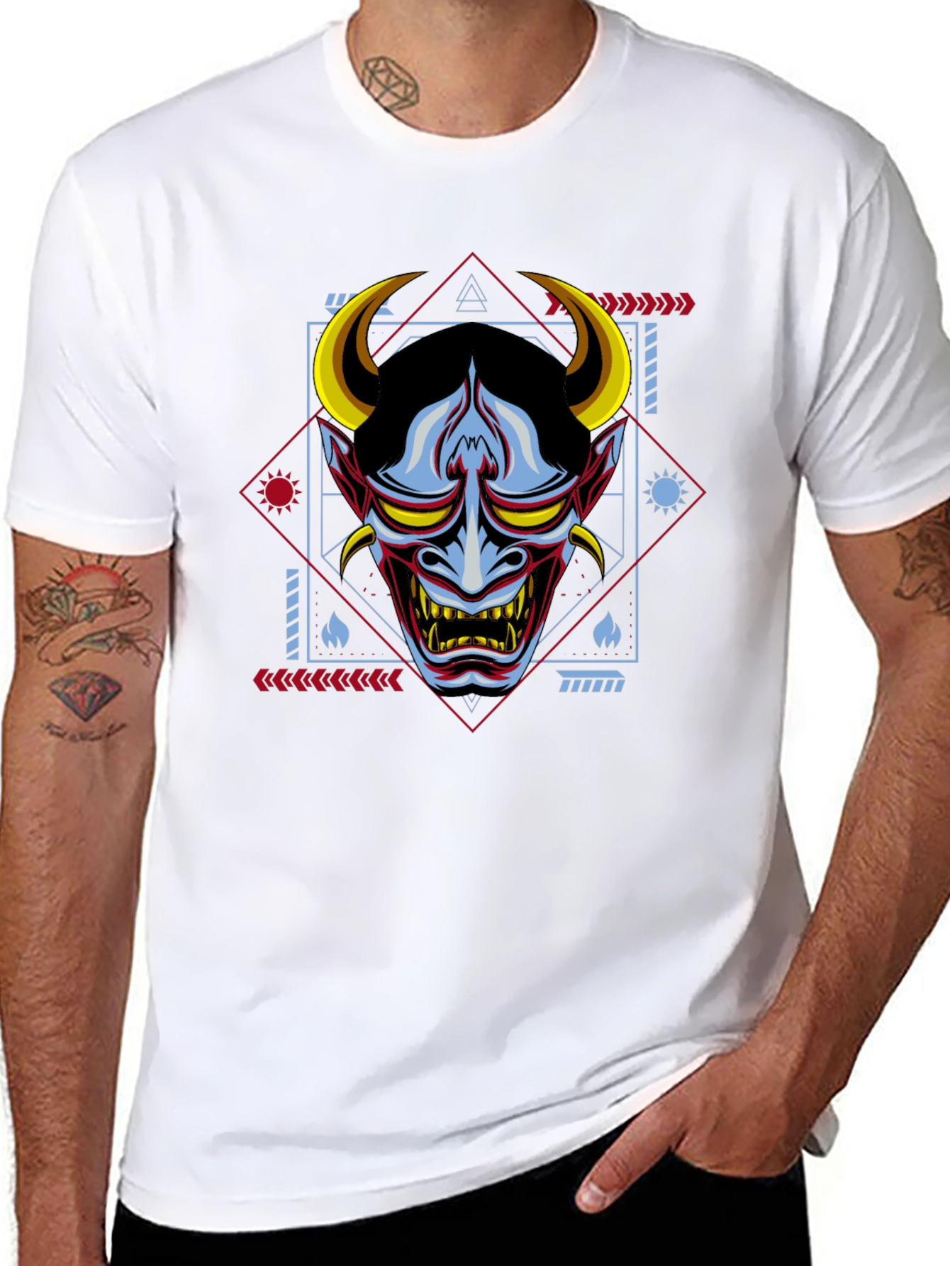 Geometric Oni Mask Graphic Tee - Mens Black T-Shirt