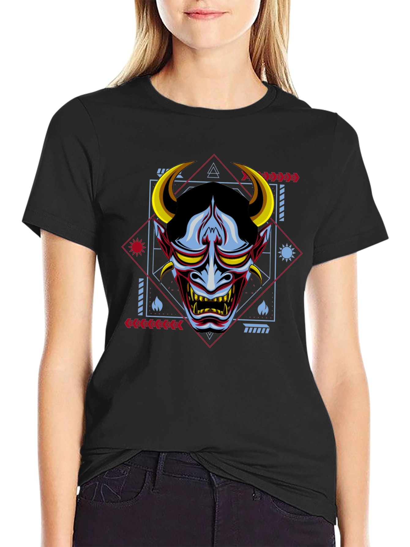 Geometric Oni Mask Graphic Tee - Mens Black T-Shirt