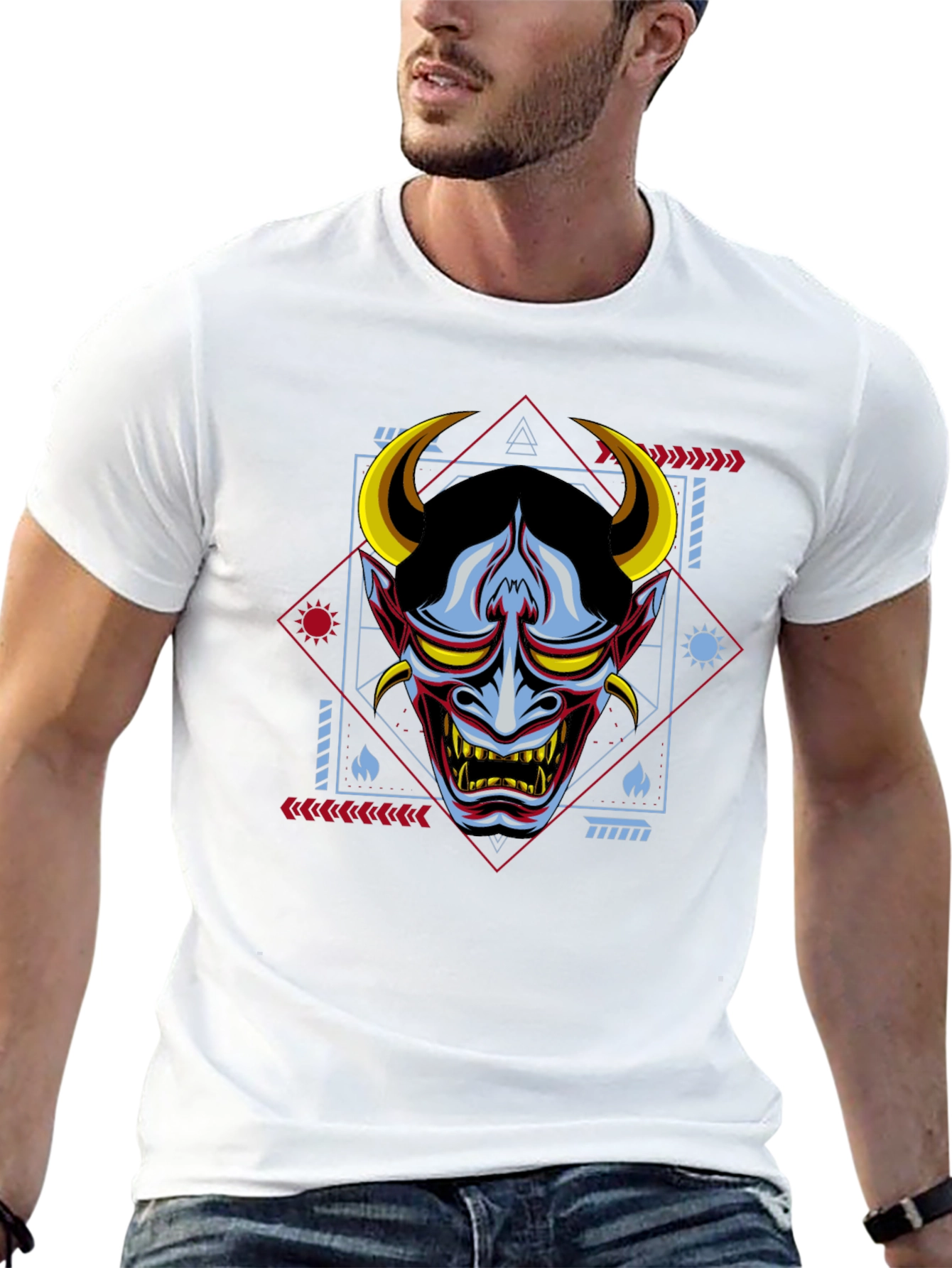 Geometric Oni Mask Graphic Tee - Mens Black T-Shirt