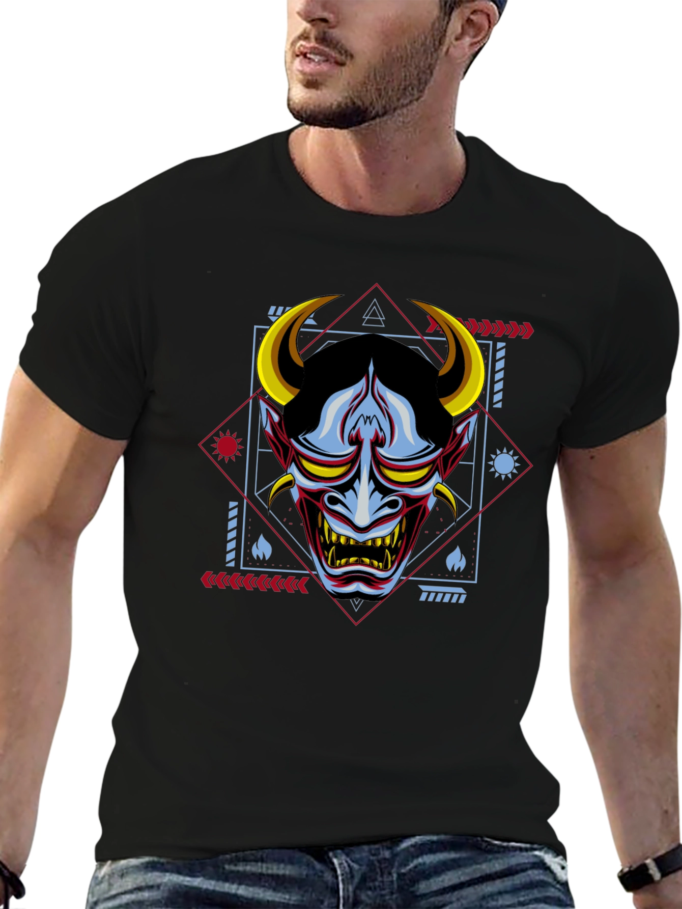 Geometric Oni Mask Graphic Tee - Mens Black T-Shirt
