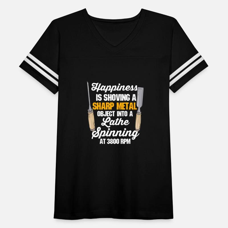 Happy Shoving Sharp Metal Object in Lathe Spinning