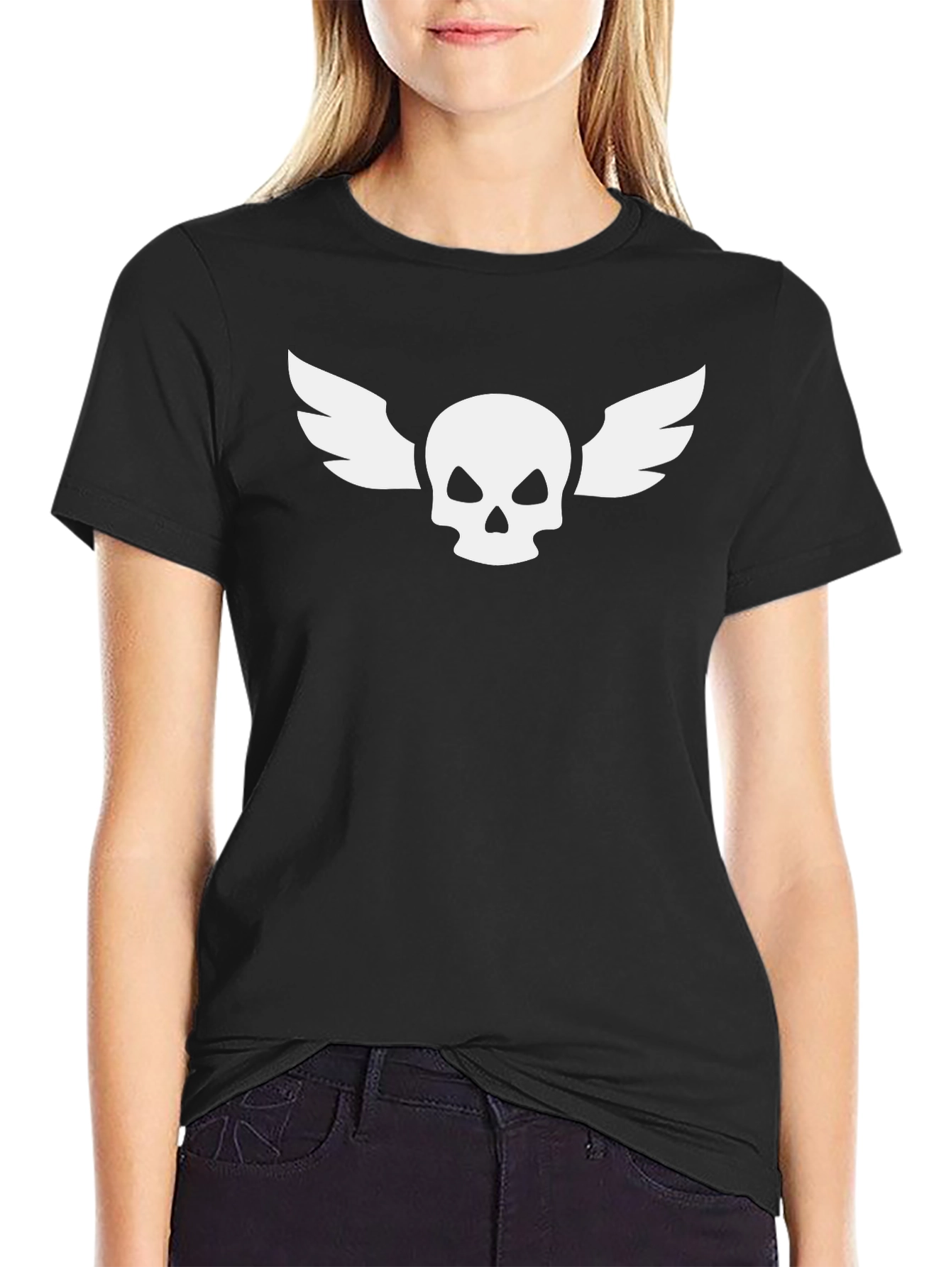 Black Tee with White Skull and Wings Graphic