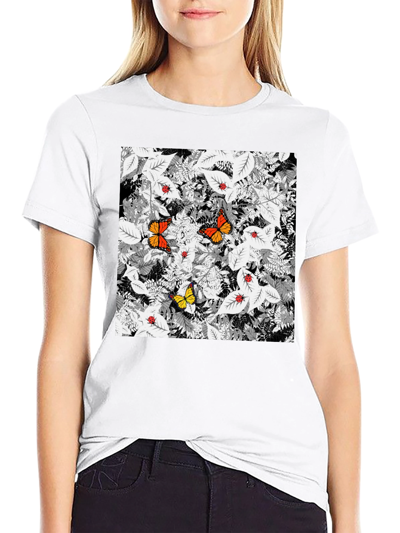 Butterfly & Ladybug Graphic Print Black T-Shirt