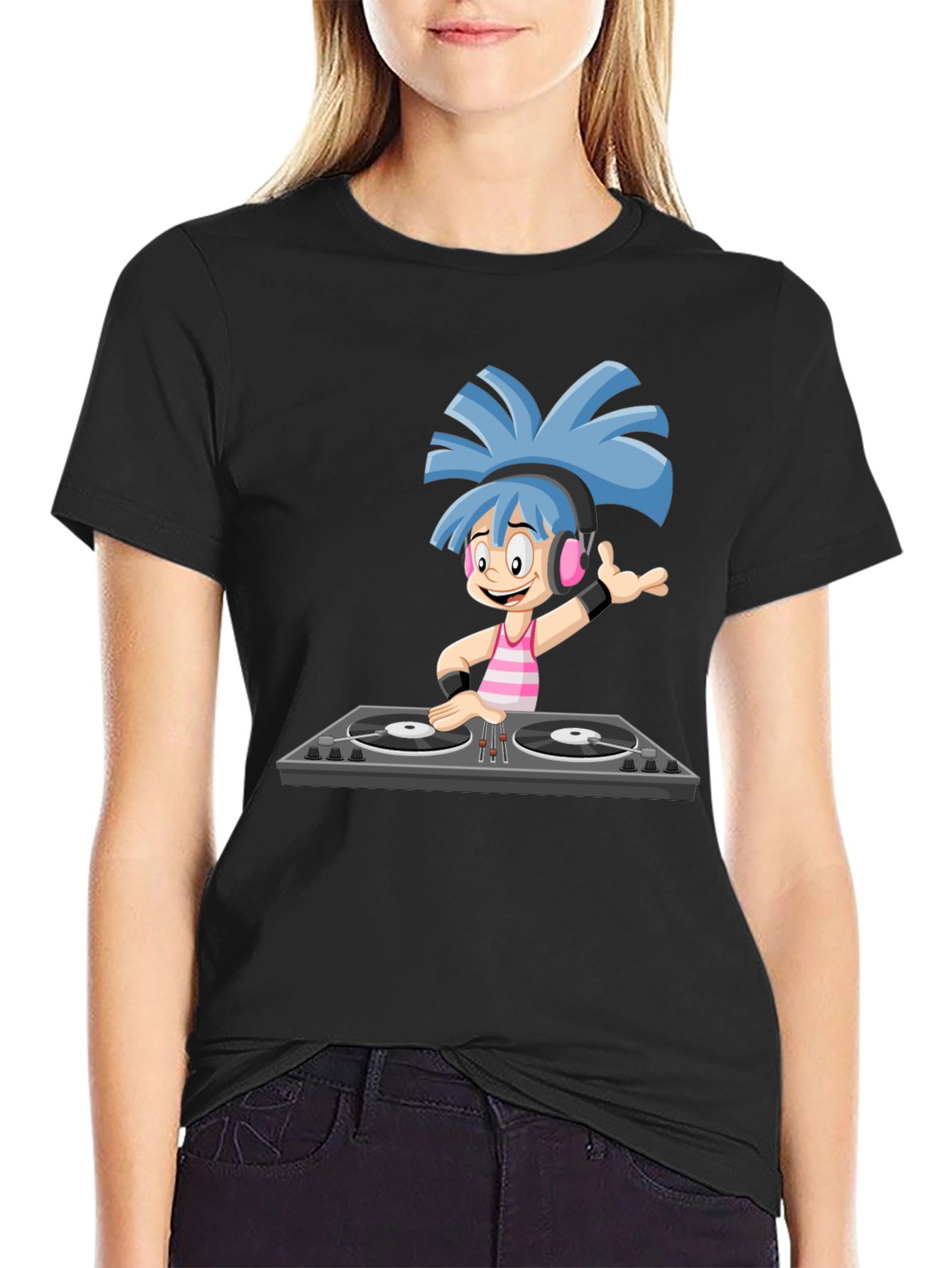 DJ Cartoon Graphic Black T-Shirt