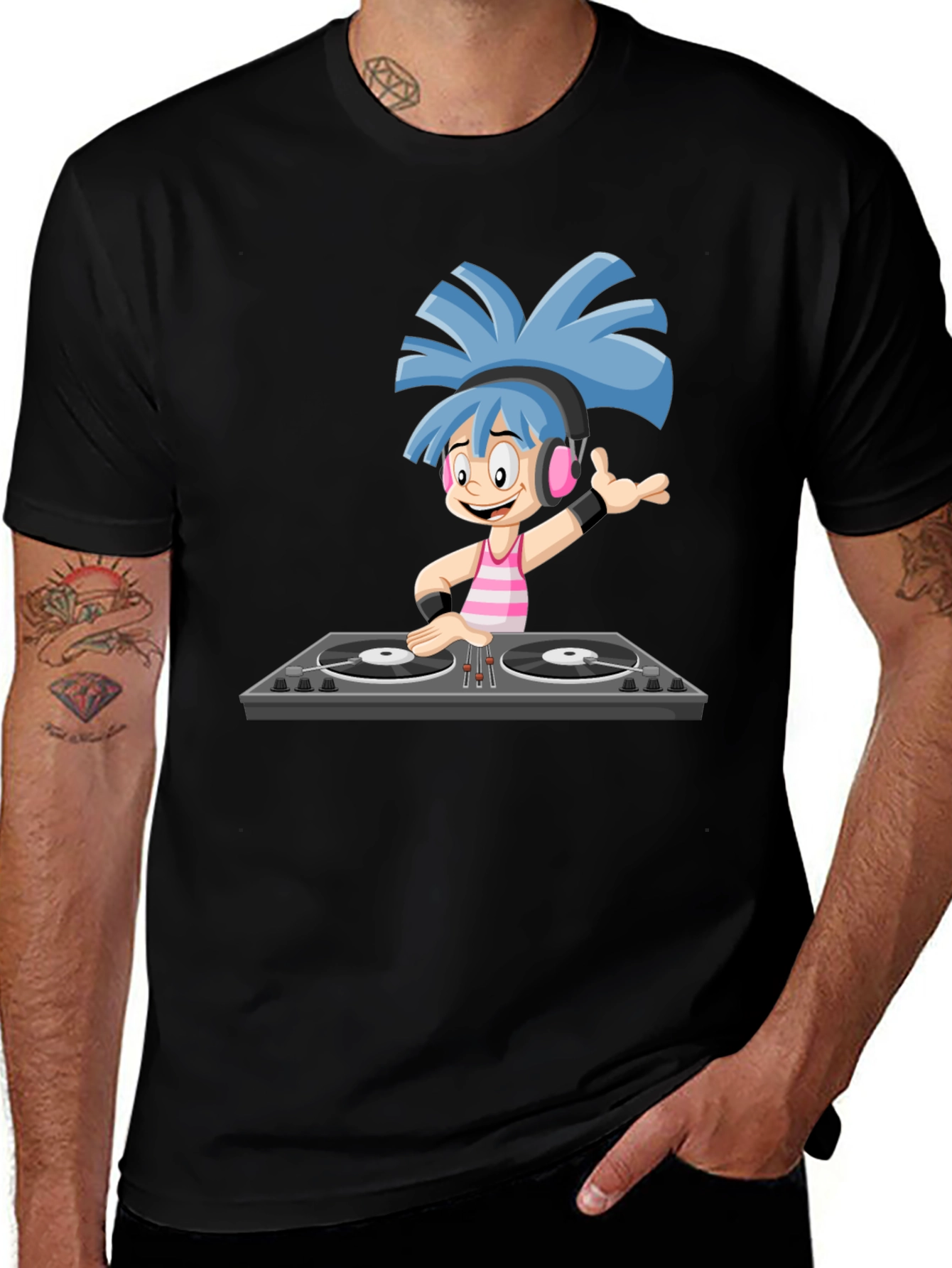 DJ Cartoon Graphic Black T-Shirt