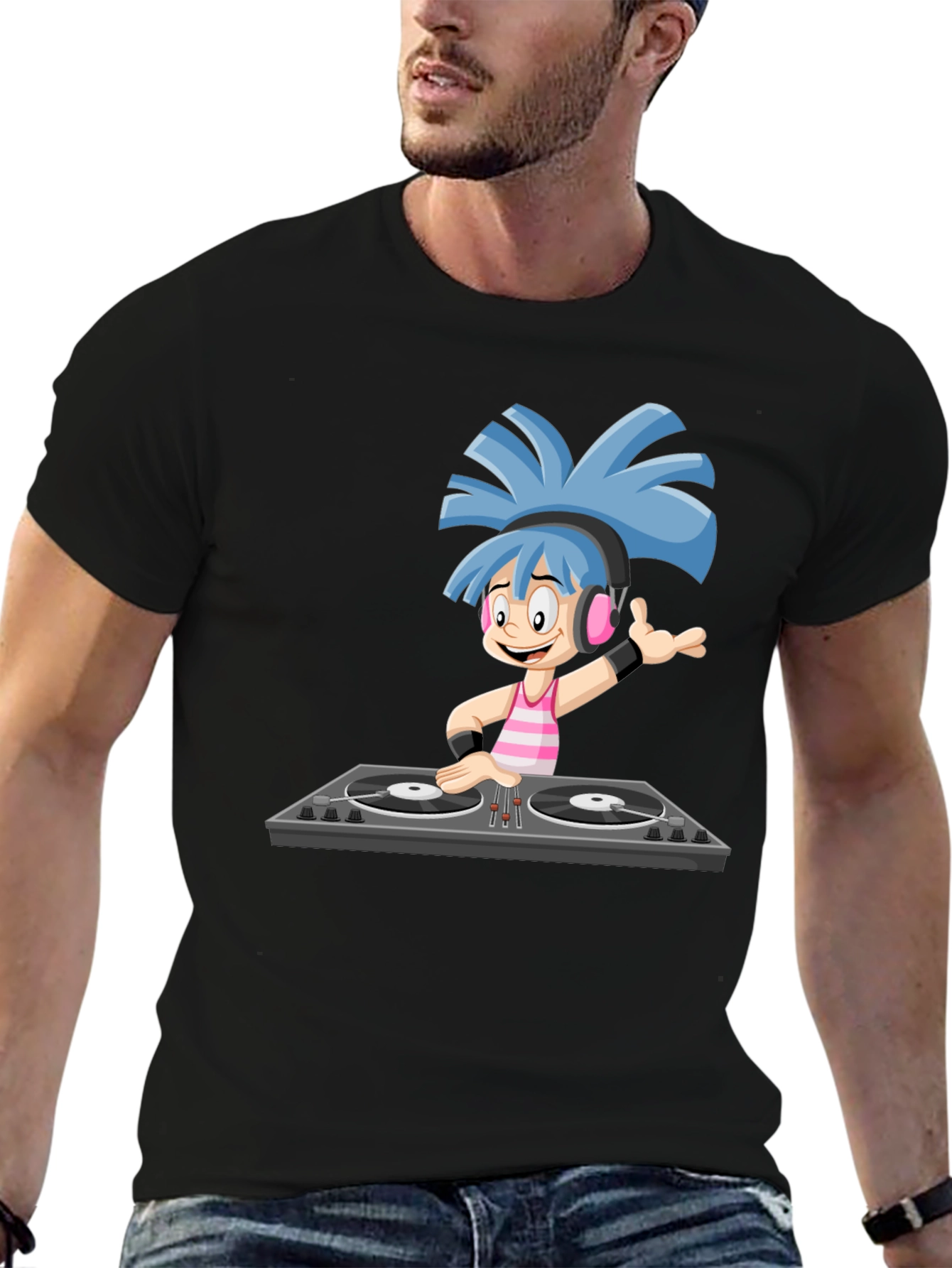 DJ Cartoon Graphic Black T-Shirt