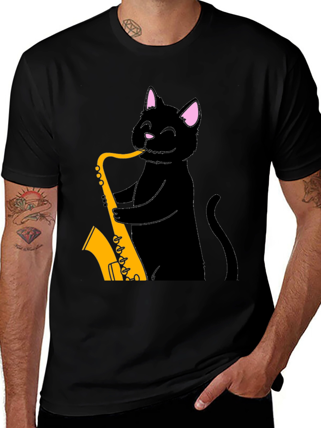 Black Cat Saxophone T-Shirt - Cool Music Tee