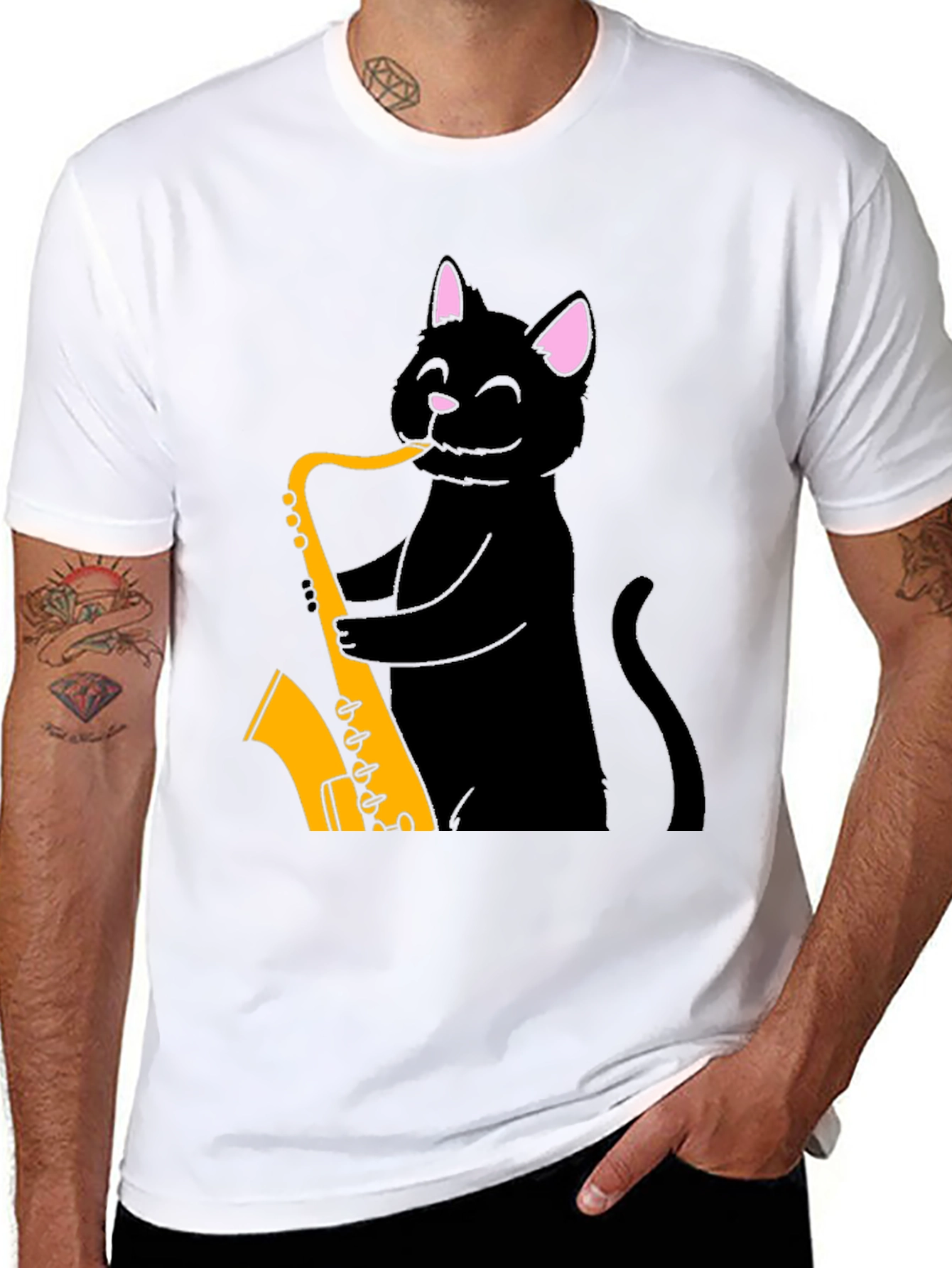 Black Cat Saxophone T-Shirt - Cool Music Tee