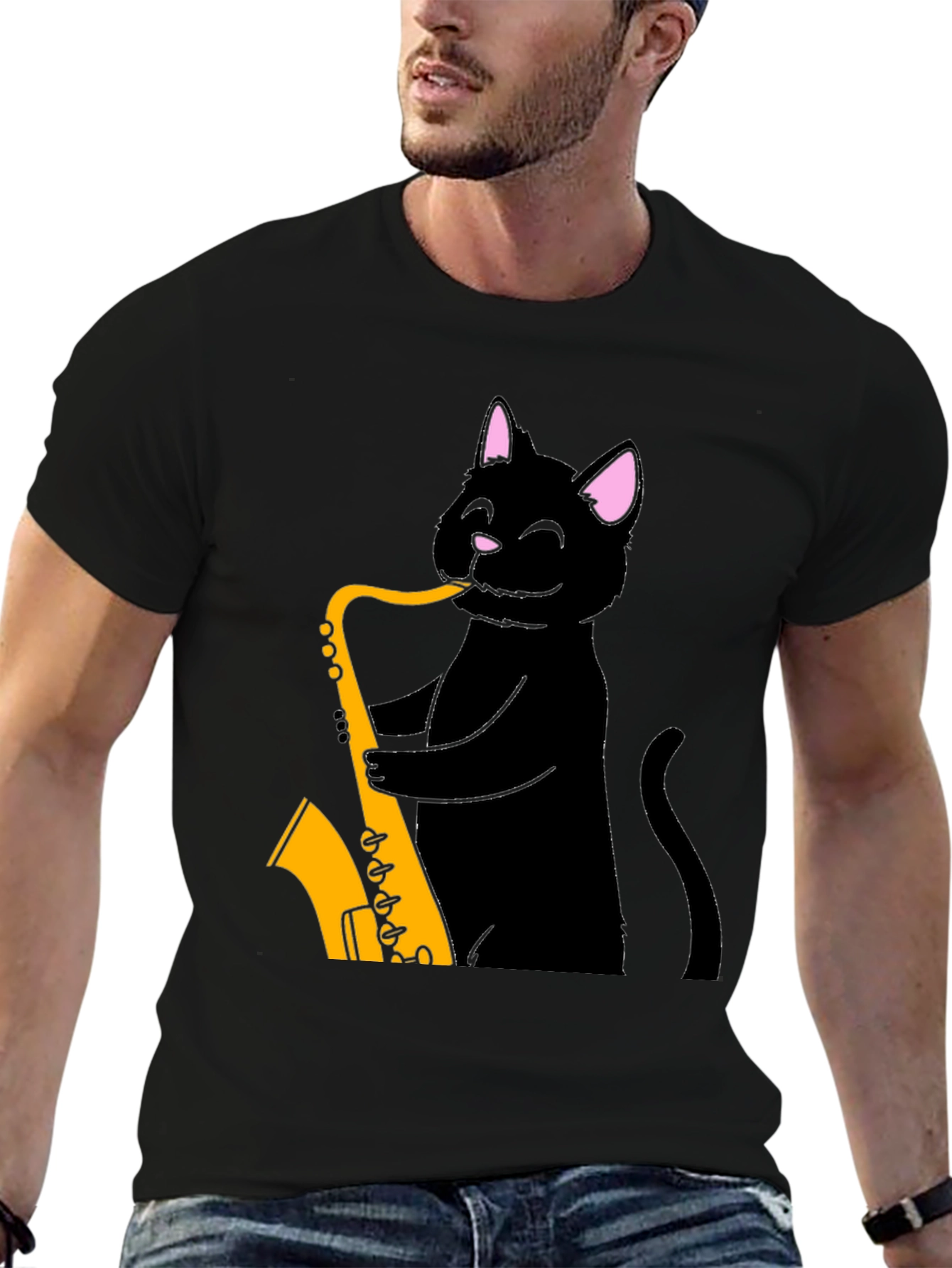 Black Cat Saxophone T-Shirt - Cool Music Tee