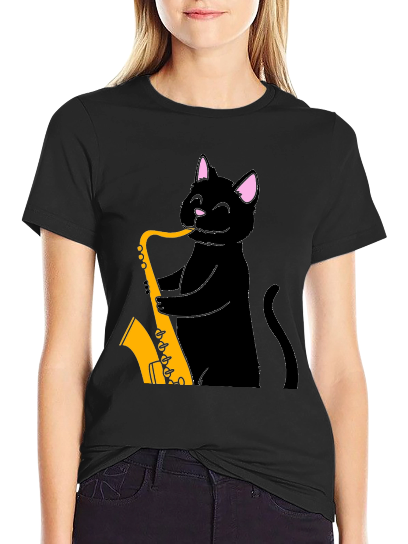 Black Cat Saxophone T-Shirt - Cool Music Tee