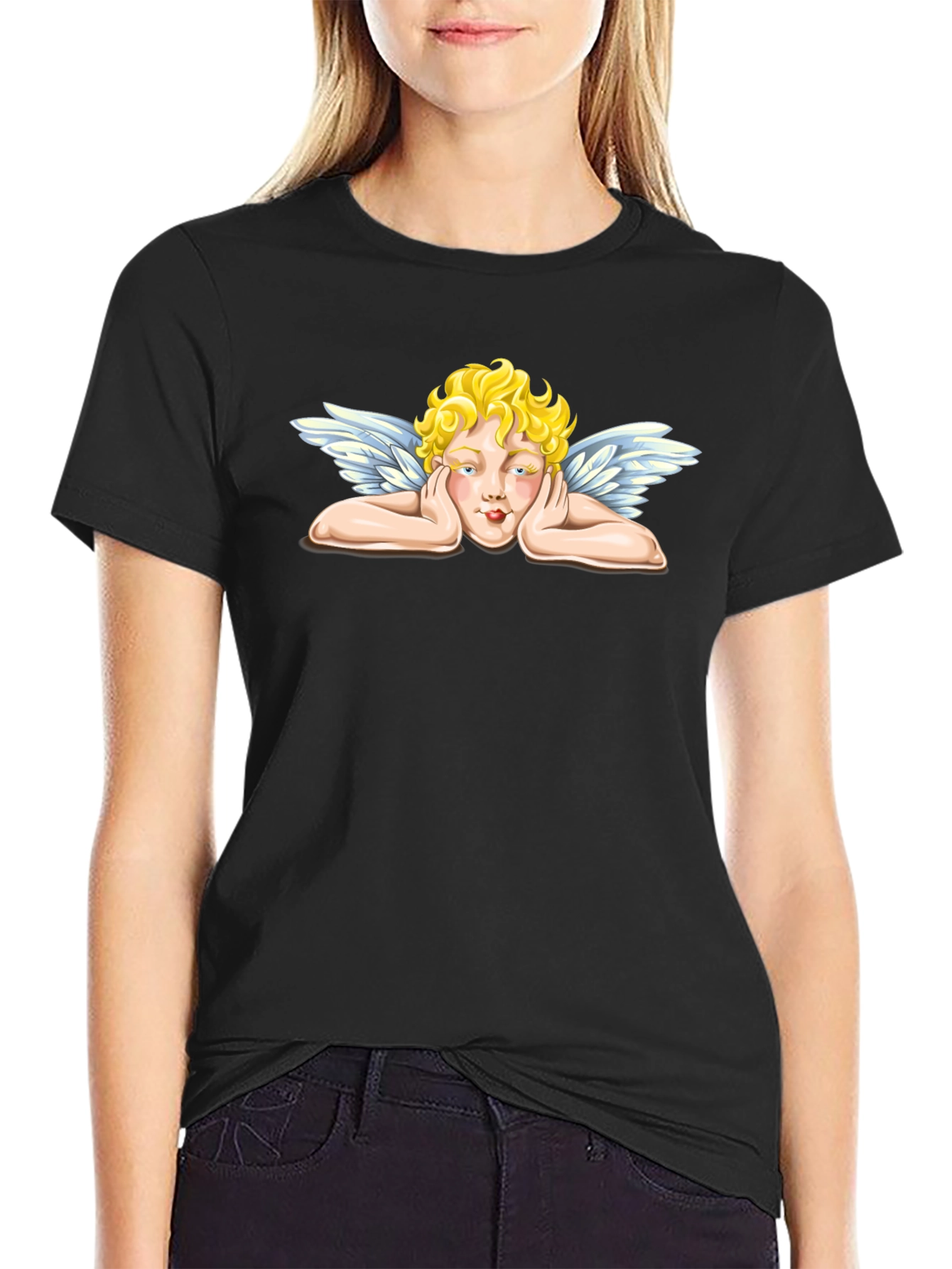 Angel Graphic Tee - Black Crew Neck T-Shirt