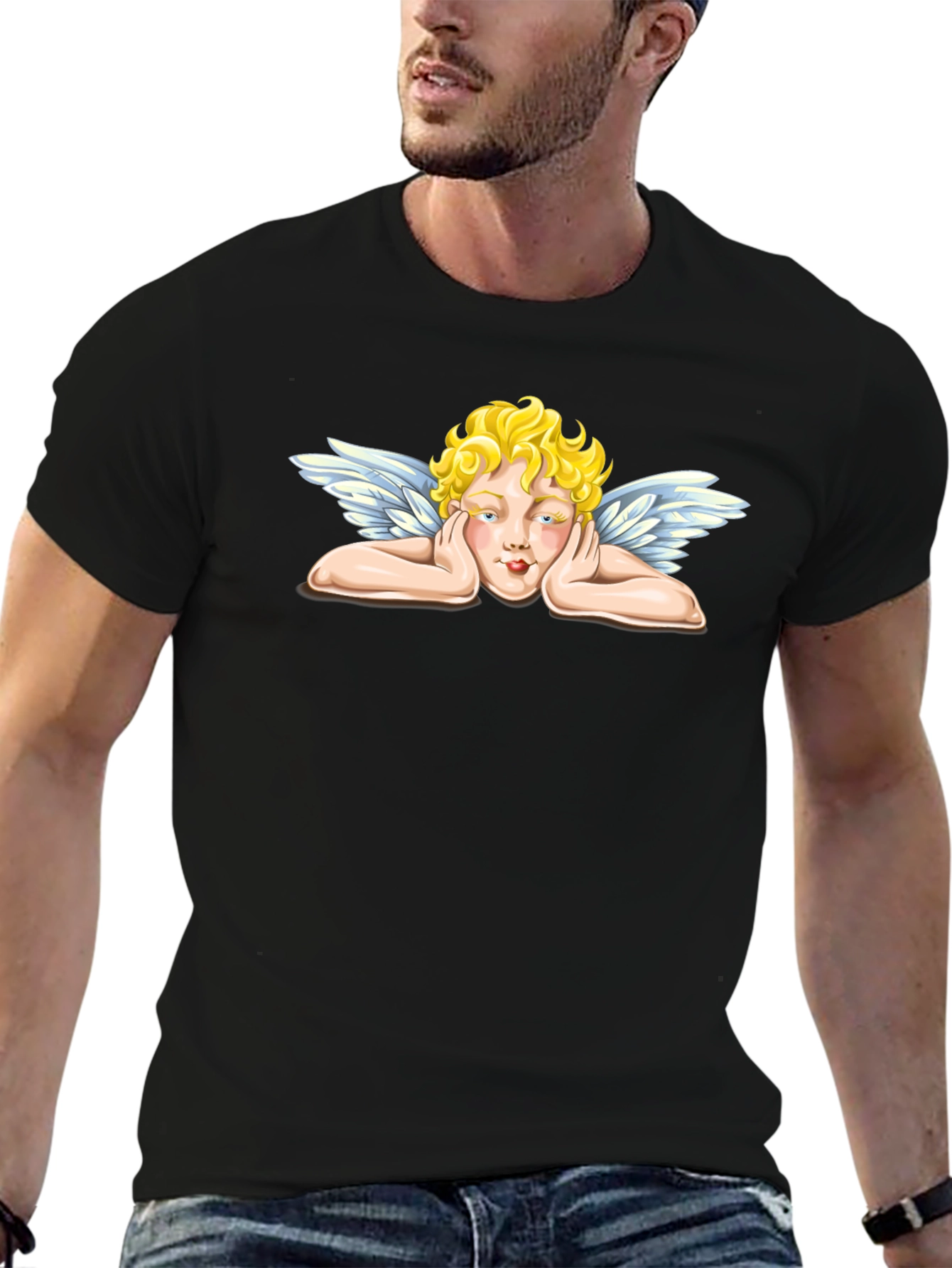 Angel Graphic Tee - Black Crew Neck T-Shirt