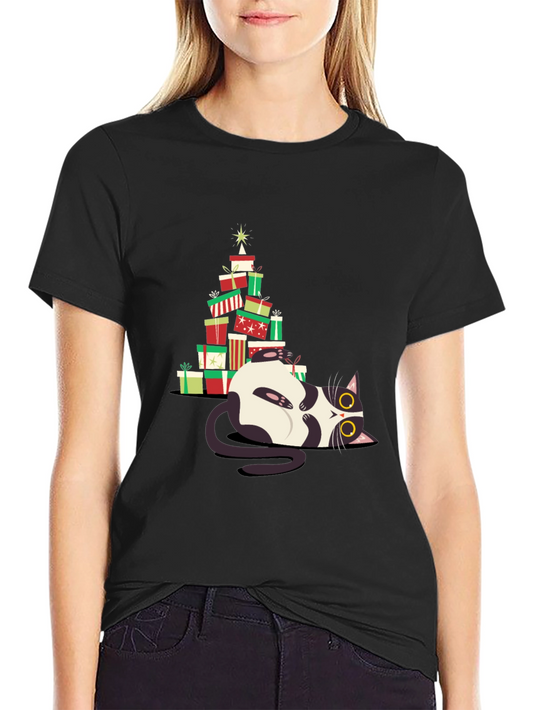 Christmas Cat Gift Stack T-Shirt - Festive & Fun!