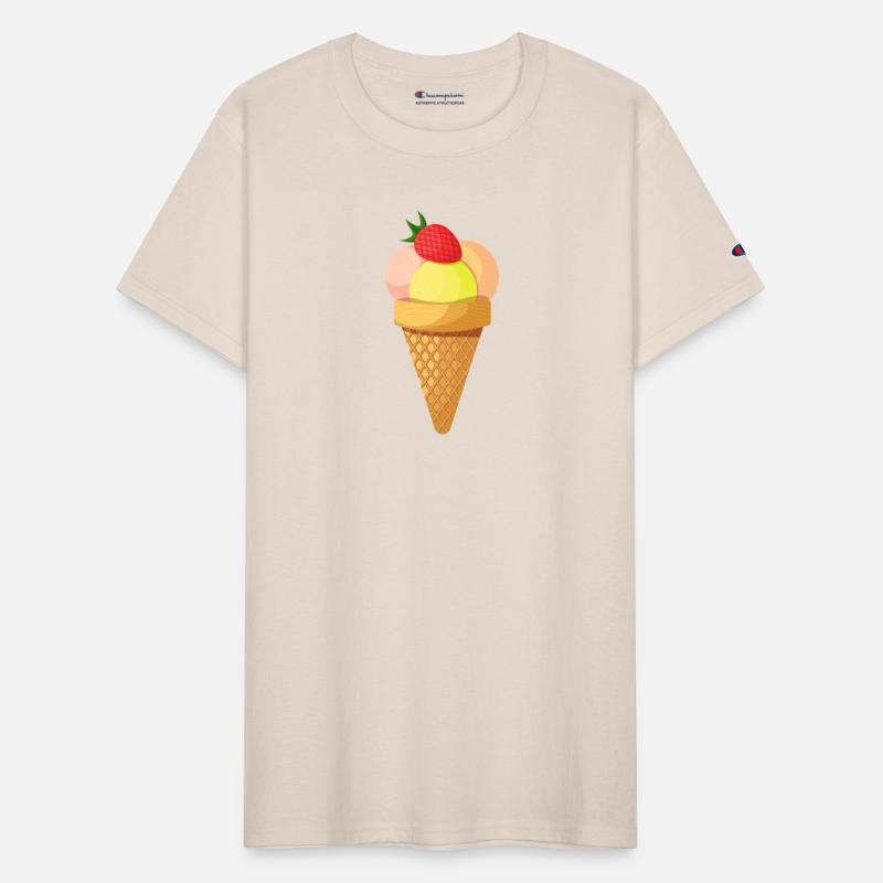 Ice cream scoops and strawberry in waffle cone