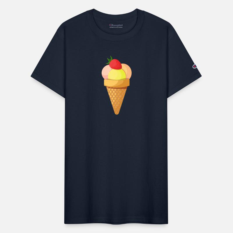 Ice cream scoops and strawberry in waffle cone