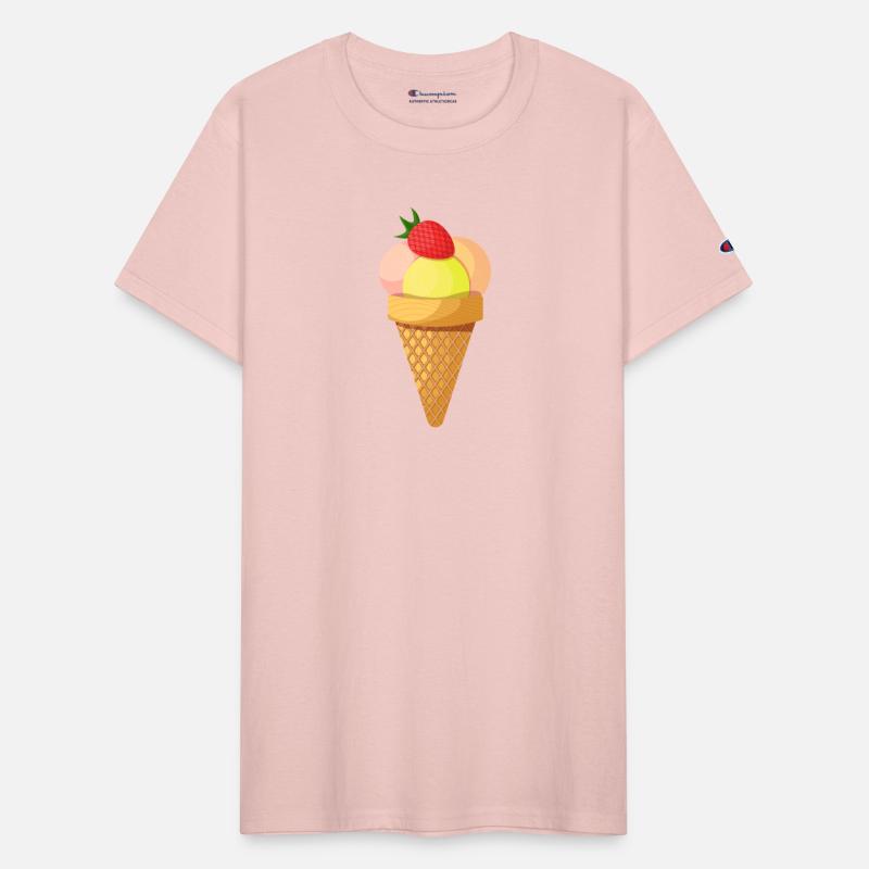 Ice cream scoops and strawberry in waffle cone
