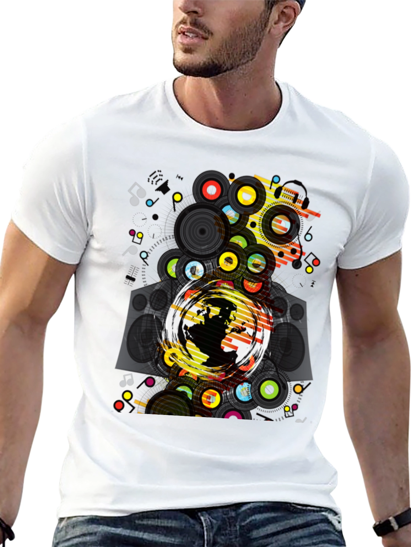 Graphic Print Black T-Shirt: Earth & Music