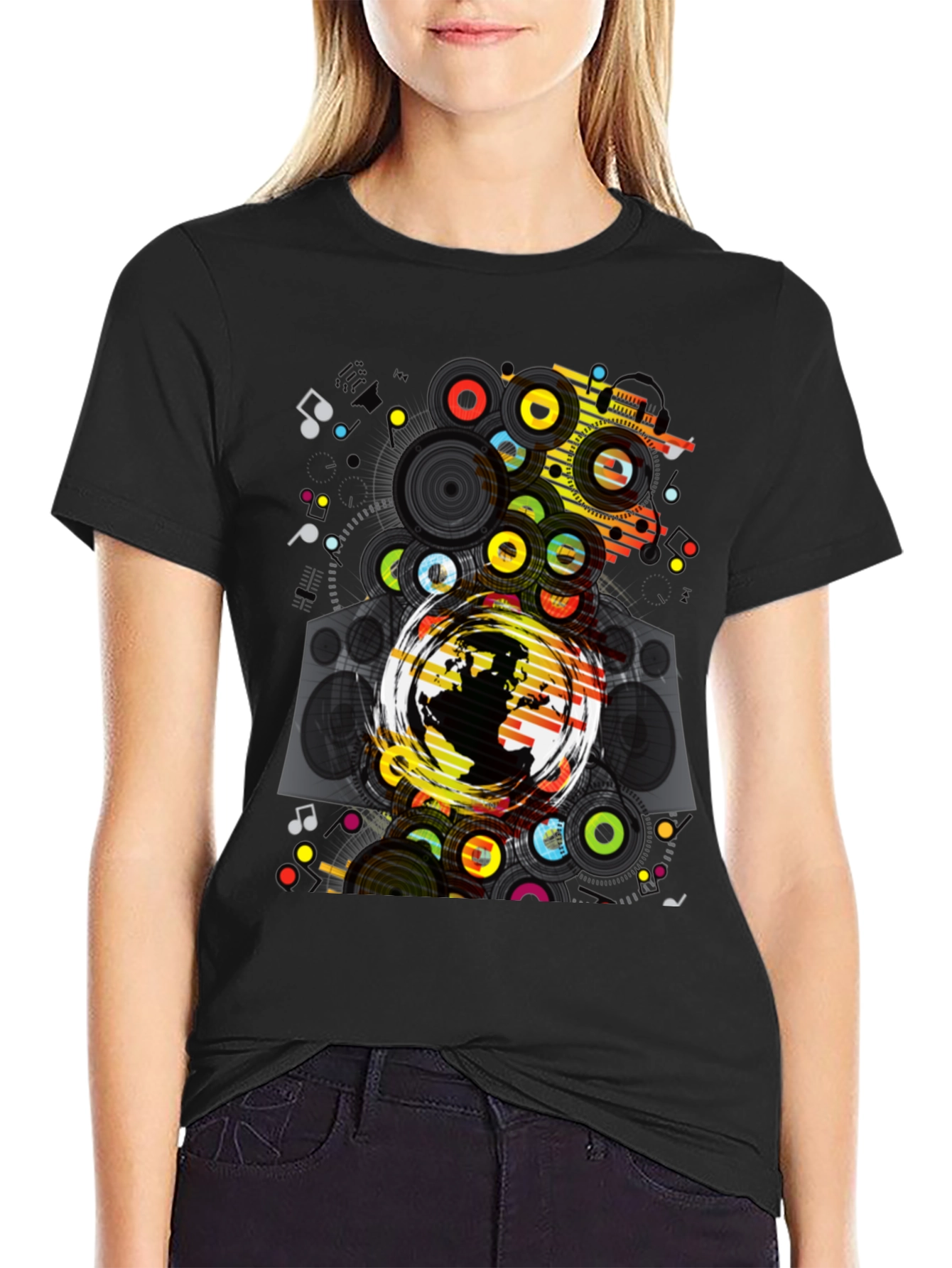 Graphic Print Black T-Shirt: Earth & Music