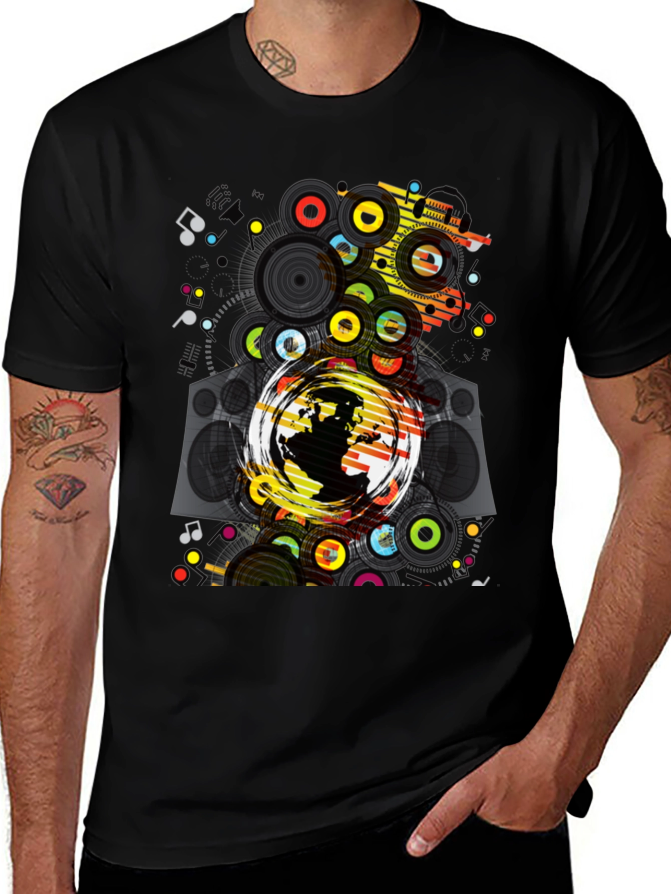 Graphic Print Black T-Shirt: Earth & Music