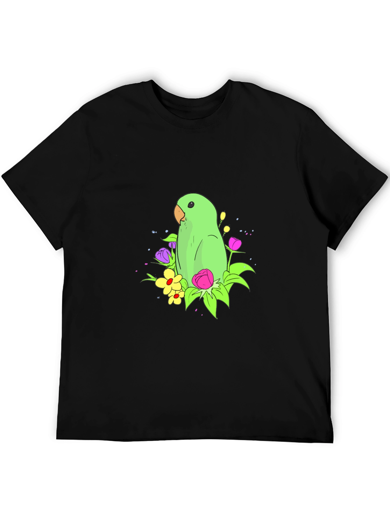 Parrot & Flower Graphic Black T-Shirt